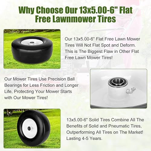 Miniatura 6 de 1 neumático y rueda para cortacésped plano de 13 x 5.00-6 con buje de grasa de 34 pulgadas y 58 pulgadas, montaje de neumático sólido delantero de