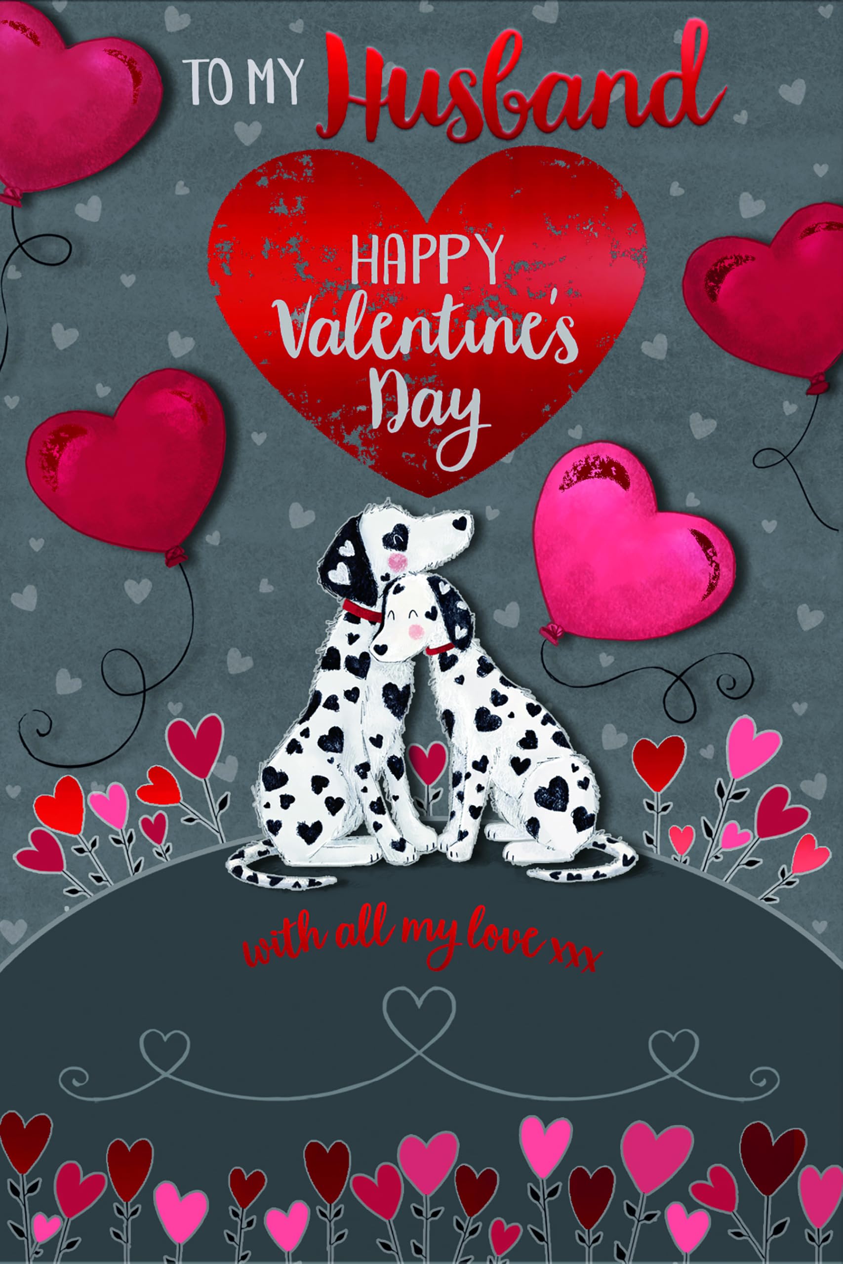 Valentine's Day Card 'To My Husband' Cute Dalmations And Hearts By Wishing Well, 6 X 9 Inches