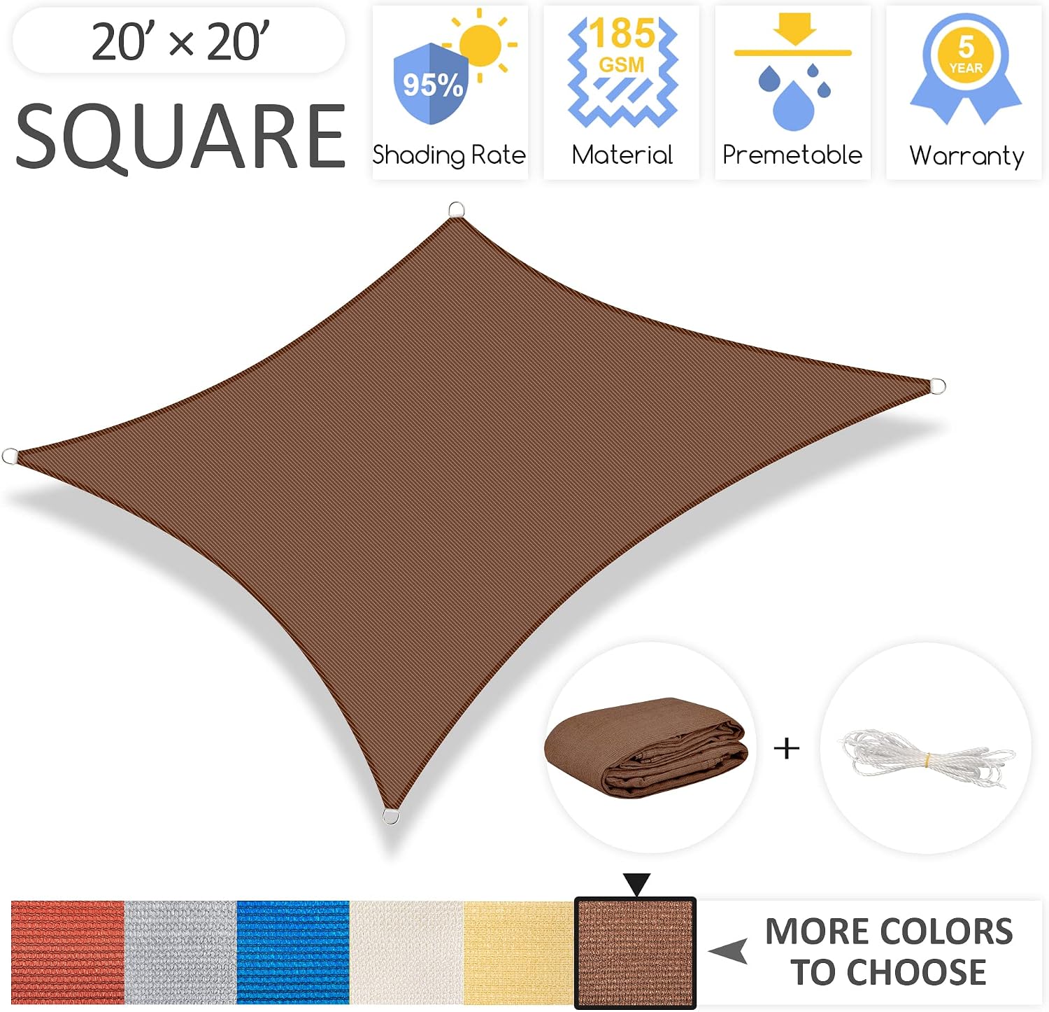 Garden EXPERT 20'x20' Sun Shade Sail Brown Square Canopy Sail Shade for Patio Garden Outdoor Backyard