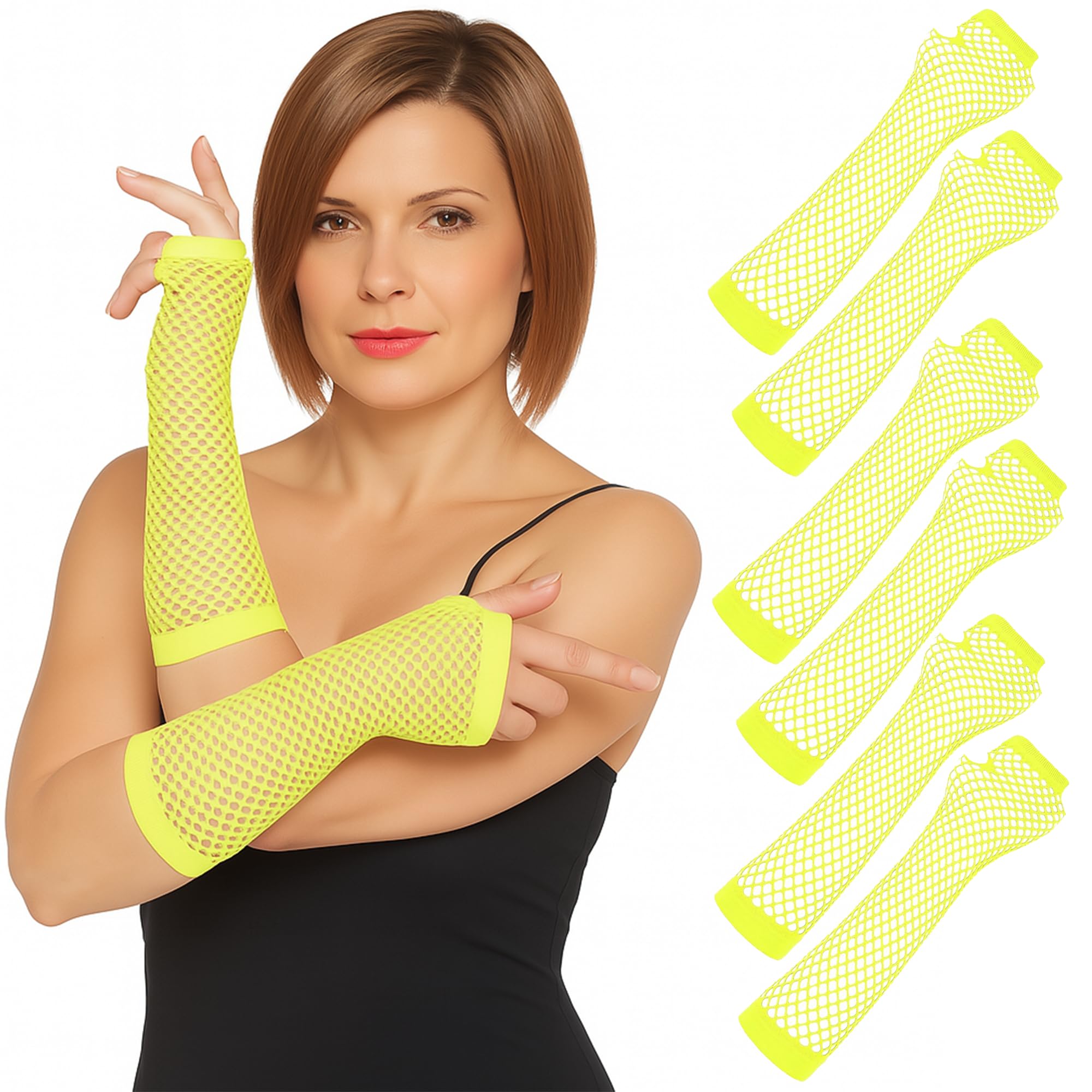 The Fancy Dress 3 Pairs Neon Lace Fingerless Fishnet Gloves - 80s Retro Theme Party Fish Net Mesh Arm Sleeves For Disco Dance Halloween Costume Accessories, Yellow
