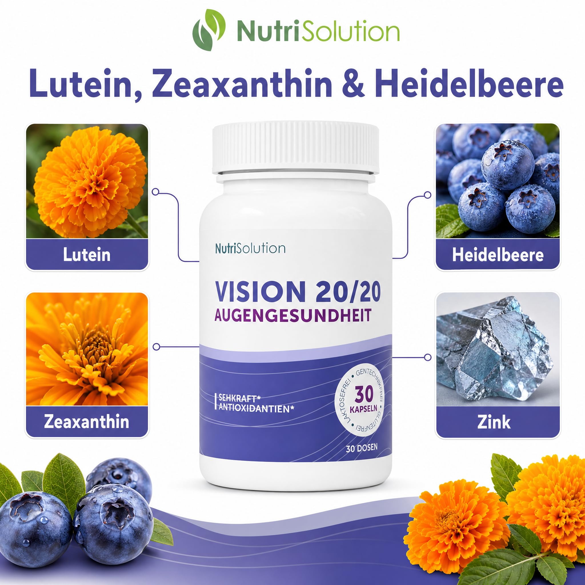 Vision 20/20: Natürliches Nahrungsergänzungsmittel für die Augengesundheit mit Heidelbeere, Lutein & Zeaxanthin – Sehschärfe & Augenermüdung – 30 vegane Kapseln (1)