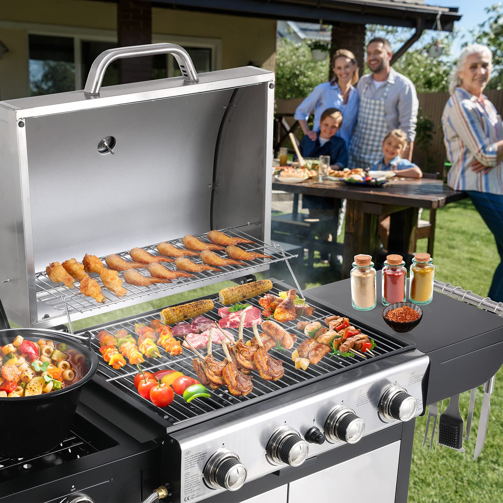 Barbacoa a Gas 4+1 Quemadores con Quemador Lateral, Acero Inoxidable BBQ con Termómetro, Parrilla con Mesas Laterales, 14,05 KW Alto Rendimiento para Jardines Fiestas Acampar