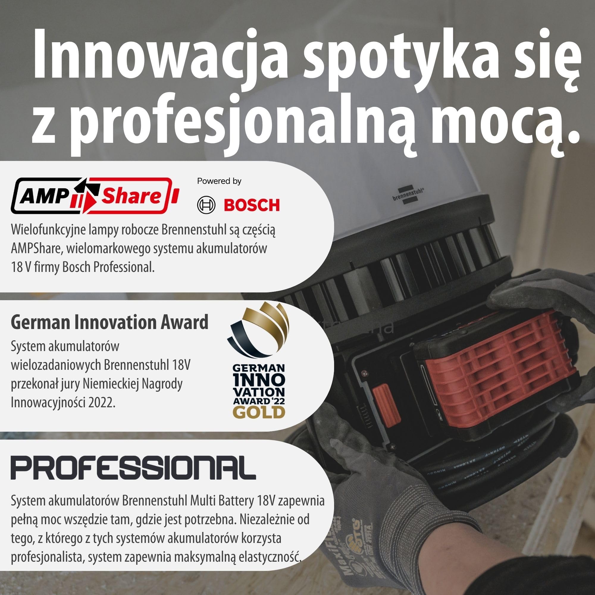 Brennenstuhl Professional Multi Battery LED 360° Hybrid Reflektor budowlany 12050 MH (12000lm, IP54, kompatybilny z akumulatorami 18V od 10 różnych producentów, kabel RN 5m, bez akumulatora)