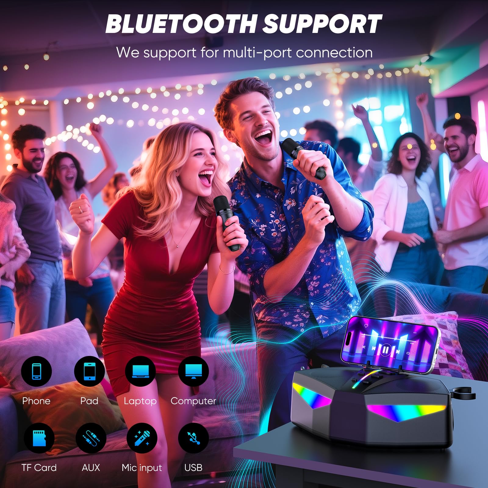 Macchina per karaoke: Altoparlante portatile vero con 35 W, autonomia di 8 ore, 2 microfoni wireless ricaricabili, luci LED, macchina per karaoke per adulti e bambini (CHJ161-Nero)