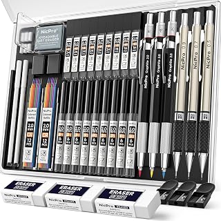 Nicpro 35PCS Professional Mechanical Pencil Set: 0.5/0.7/0.9/2mm Metal Drafting Pencils, 6 Hardness Leads, 20 Refills, Erasers & Case for Sketching Drawing