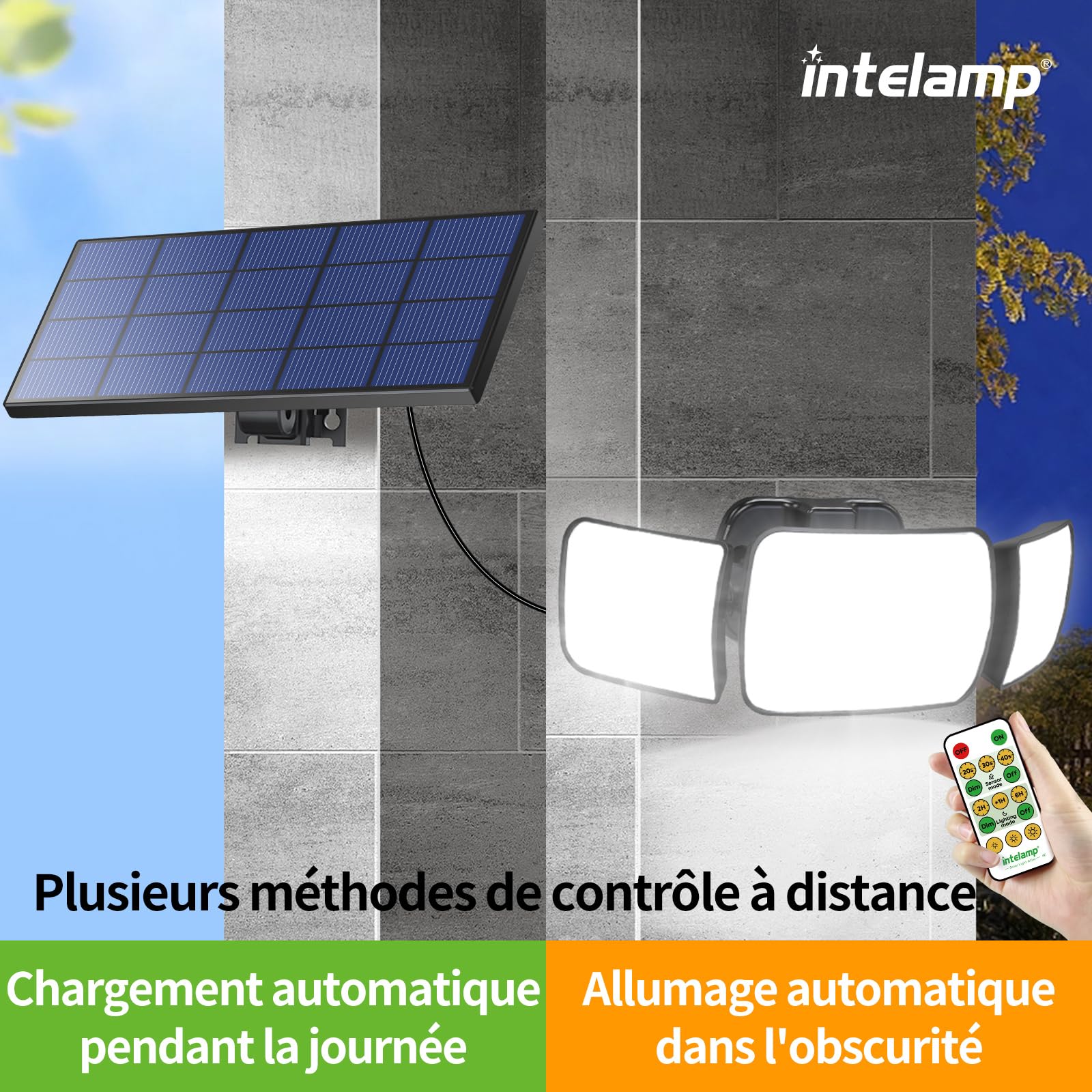 intelamp - Lámpara solar exterior con mando a distancia | Iluminación solar exterior, luz solar exterior, 2,7 m, cable para jardín, garaje
