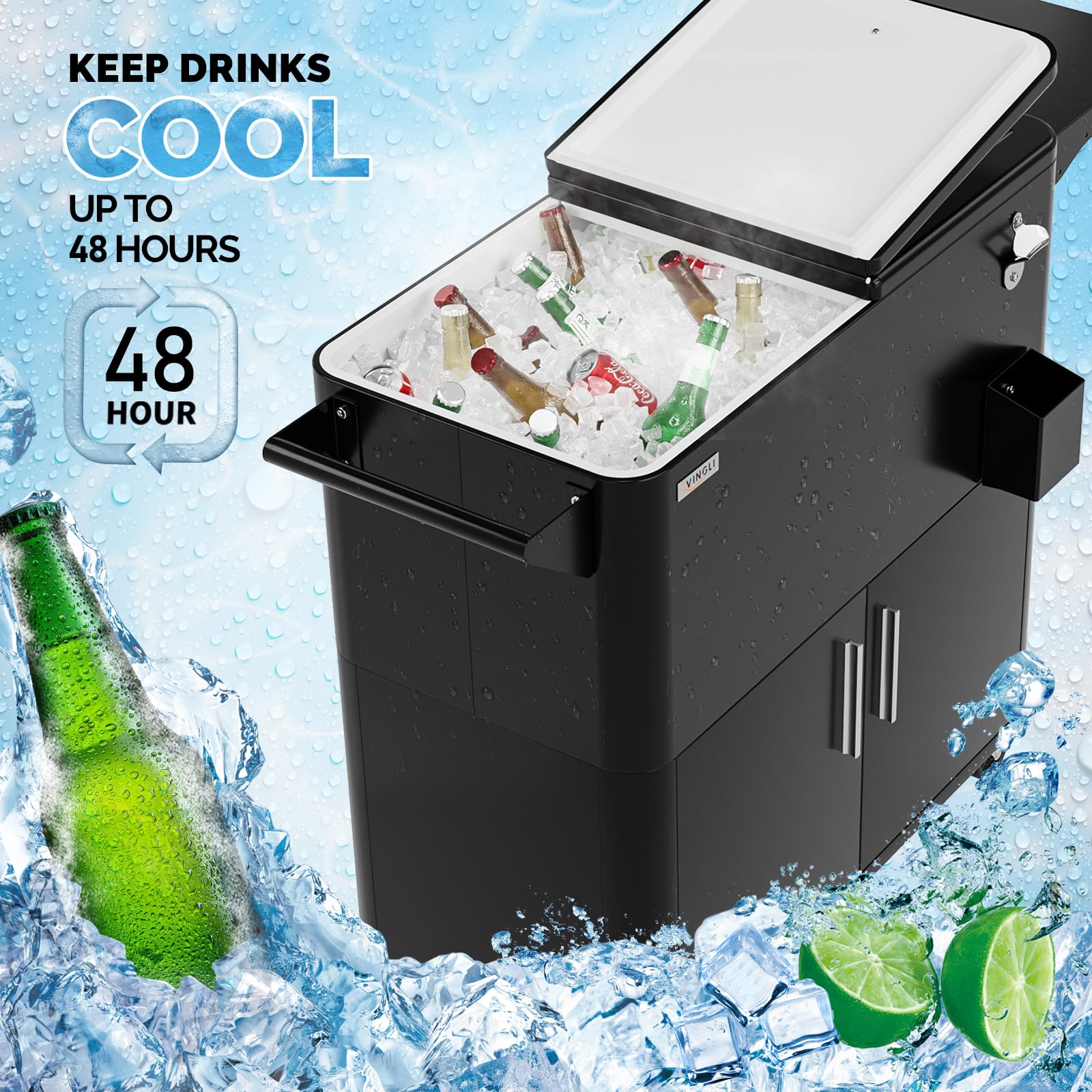 Bonnlo Carrito Nevera con Ruedas 76 L, Enfriador de Bebidas con Mesa Lateral y Abrebotellas, Nevera Exterior para Patio, Jardín, Camping y Playa, Negro