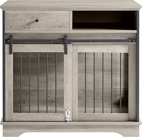 Miniatura 7 de IchbinGo Muebles de jaula para perros con puerta corrediza de granero, mesa auxiliar de madera de 35 pulgadas con cajón y almacenamiento, casa