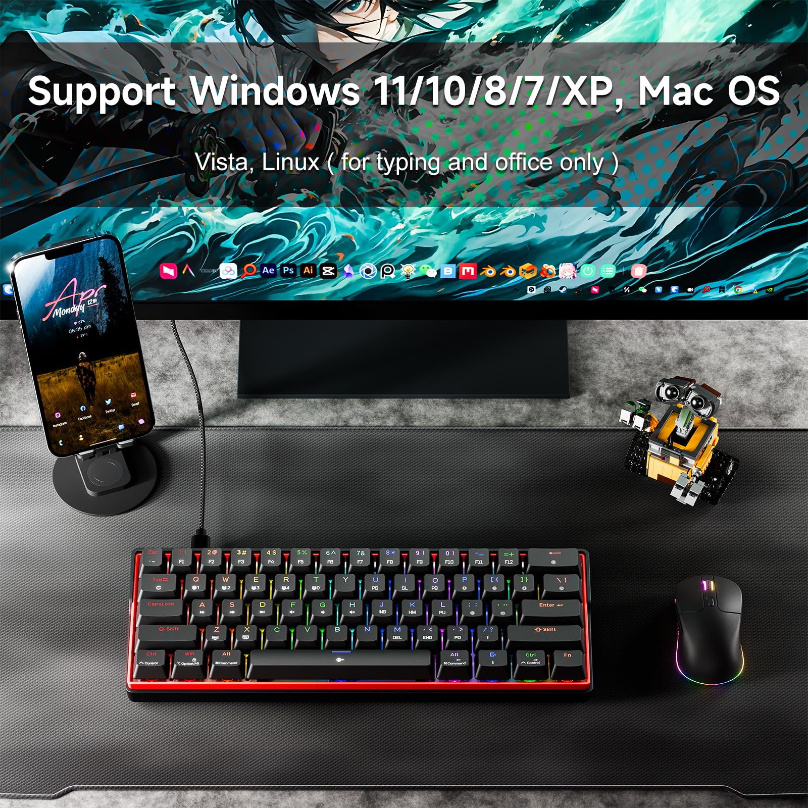 KEMOVE K61SE Clavier Gamer Mécanique 60% Câblé avec Linéaire Interrupteur Rouge RGB Anti-ghosting Compact 61Touches Gaming Clavier-US Layout,Noir