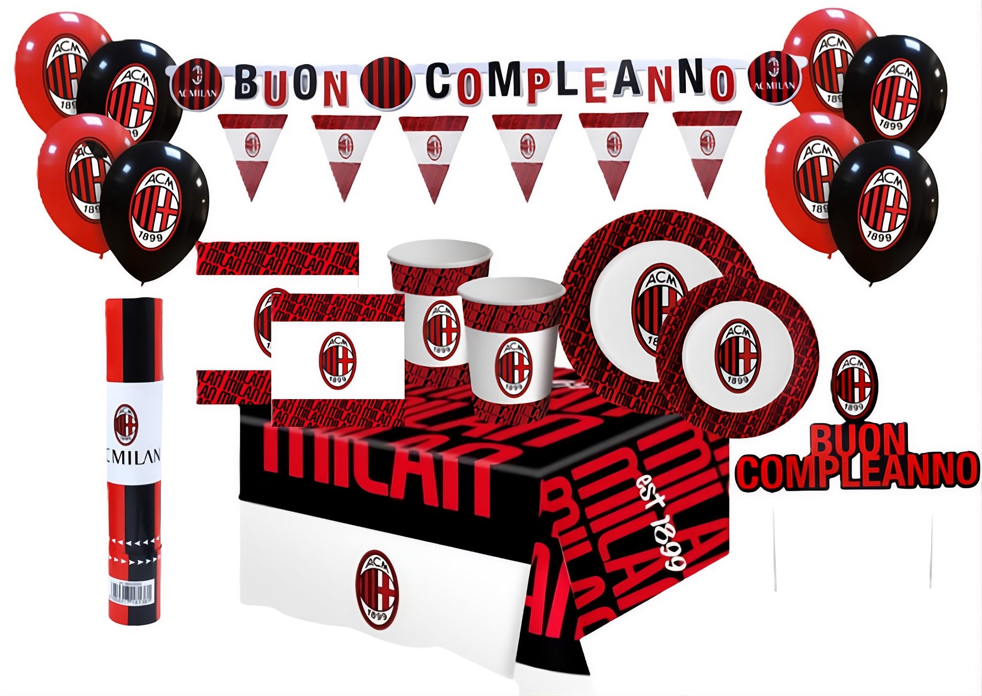 Kit Compleanno Milan per 24 Persone - Set Festa 106 Pezzi con Piatti, Bicchieri, Tovaglioli, Palloncini, Tovaglia, Festoni, Sparacoriandoli e Topper Torta - Addobbi Tema Milan per Bambini e Tifos