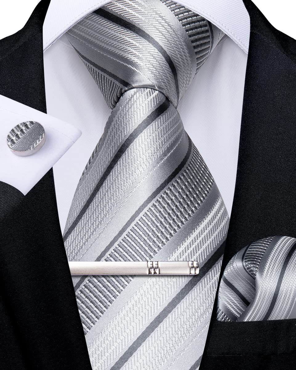DiBanGu Conjunto de corbata de seda a rayas para hombre, corbata a cuadros con pañuelo de bolsillo, gemelos y clip de corbata para boda formal