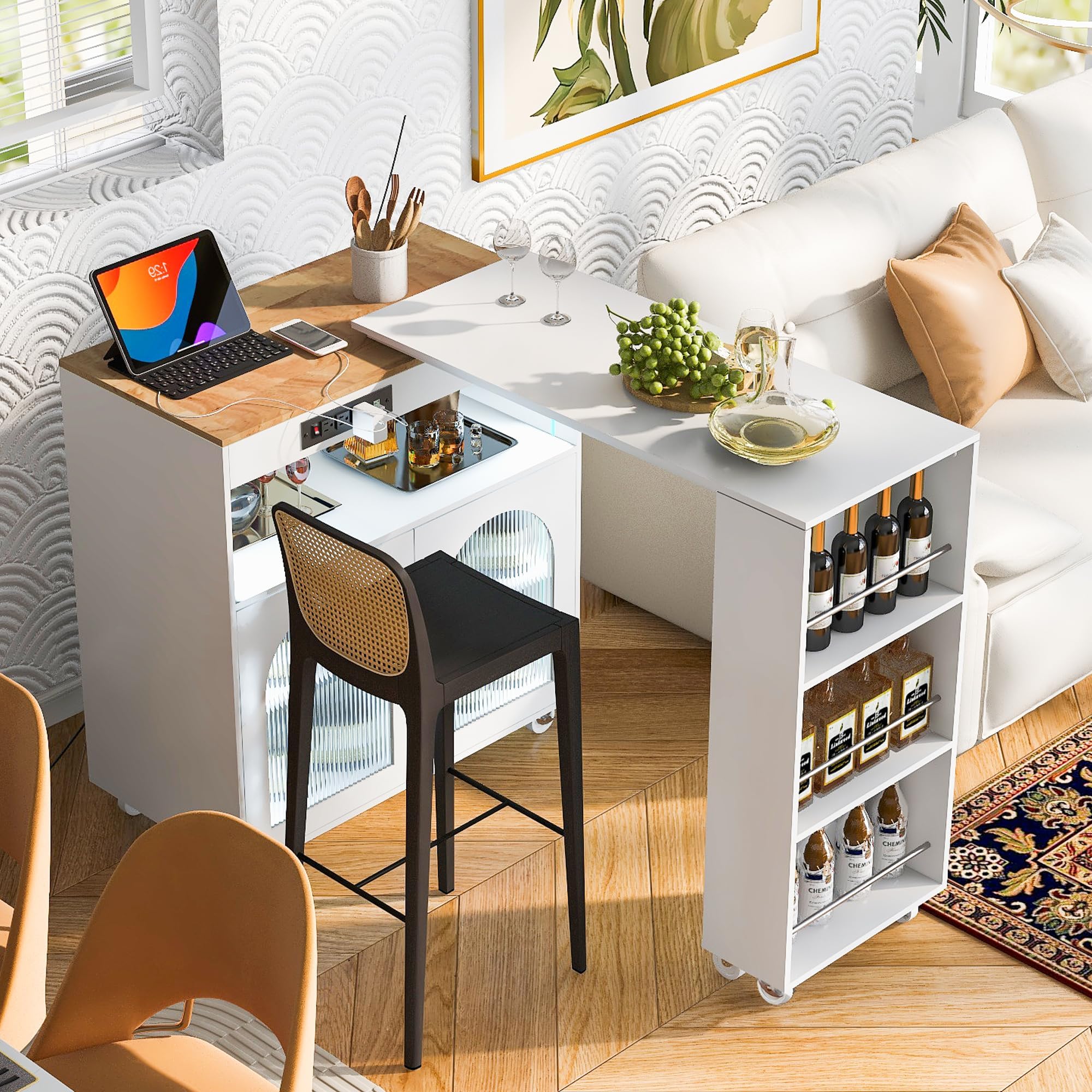 LUMISOL Rolling Kitchen Island with Extended Table, Power Outlet & LED Lights, Kitchen Cart on Wheels with 2 Fluted Glass Doors, Storage Compartment and Side Shelves, White