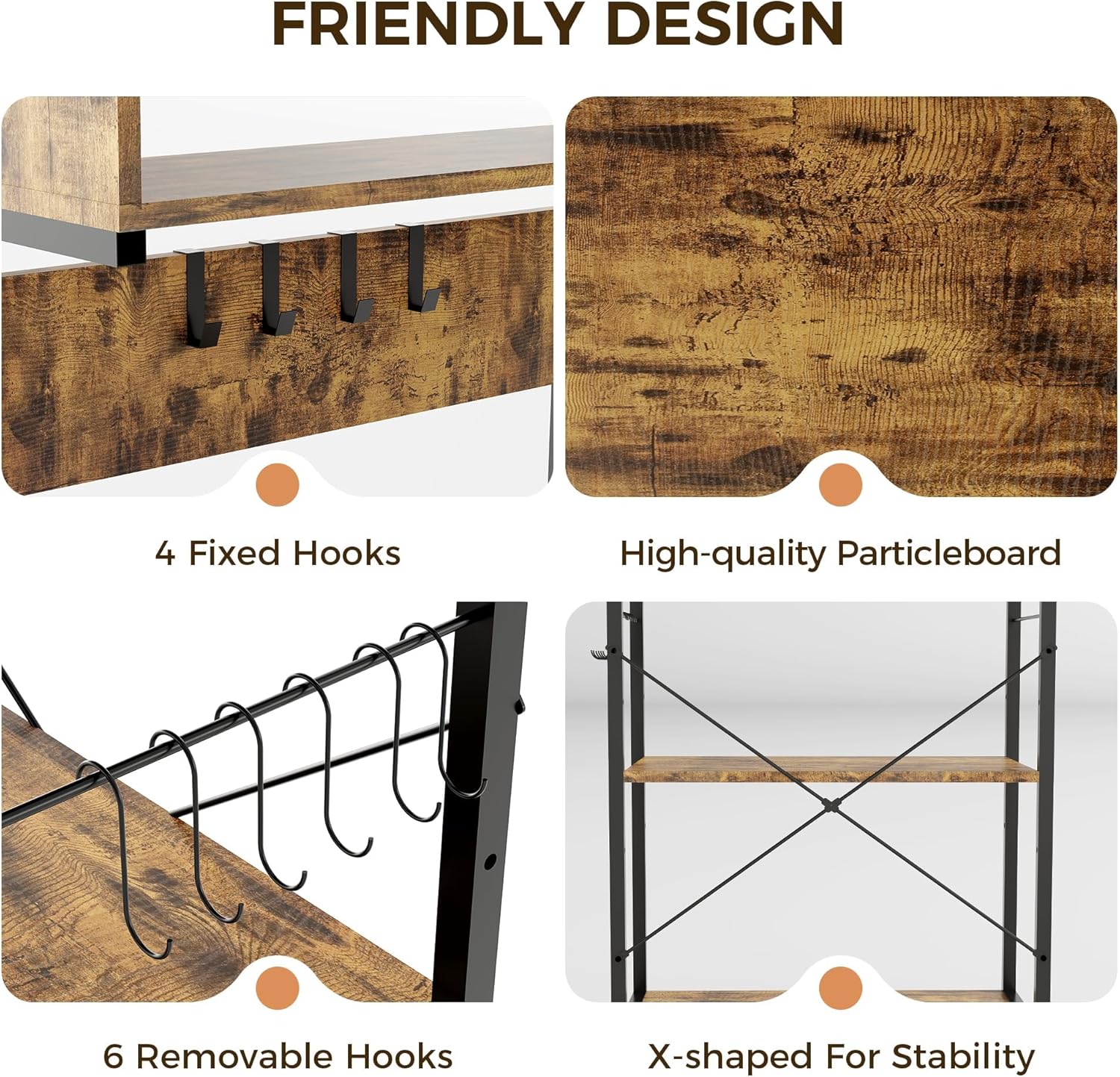 GAOMON Kitchen Bakers Rack with Power Outlet, Coffee Bar Table 4 Tiers, Kitchen Microwave Stand with 10 s-Shaped Hooks, Storage Shelf Rack for Spices, Pots and Pans - Rustic Brown