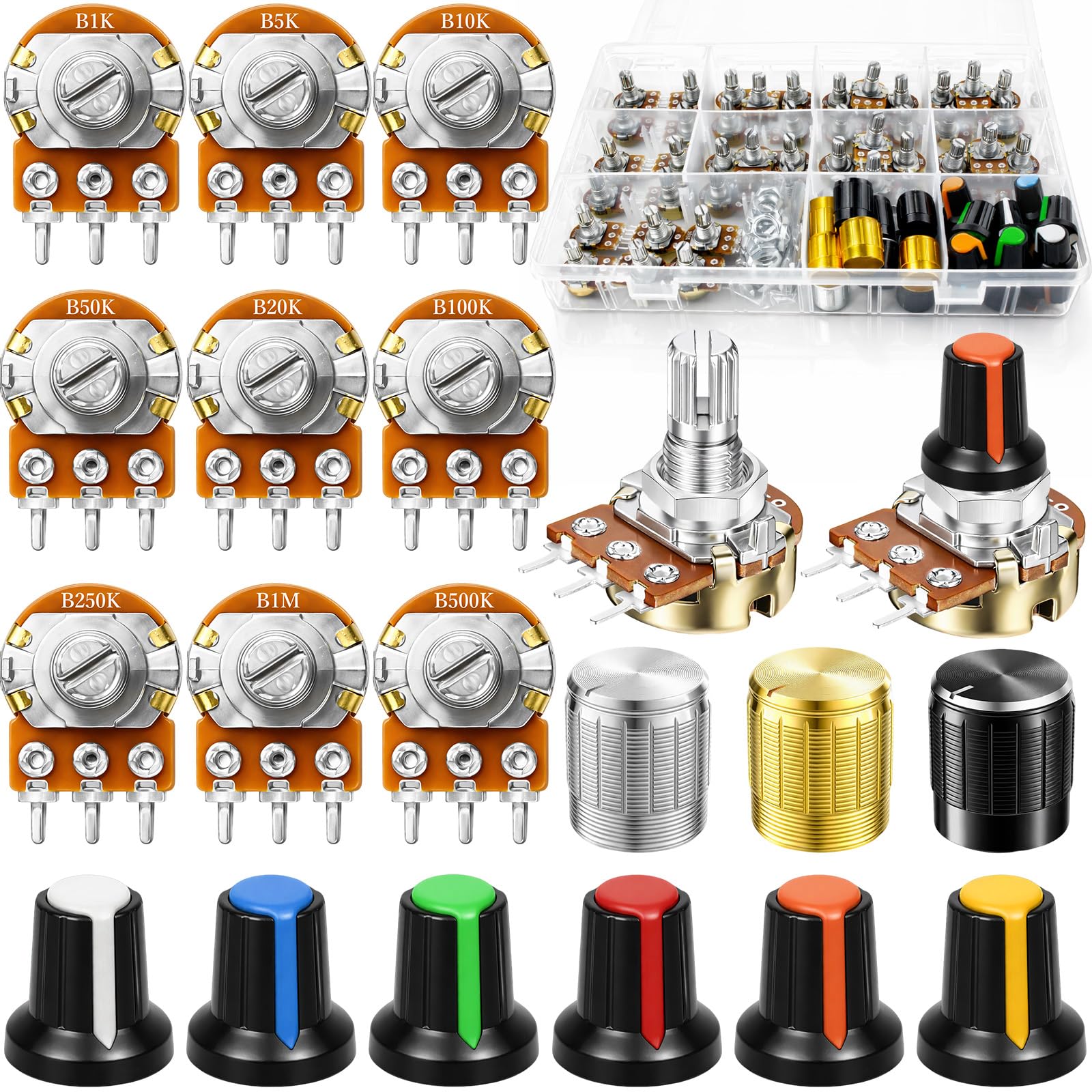 111Stück Potentiometer Kit, Potentiometer Mono Linear B1K B5K B10K B20K B50K B100K B250K B500K B1M Ohm WH148 Drehpotentiometer, 3 Klemmen B Typ Einzelpotentiometer mit Muttern, Unterlegscheibe, Knopf