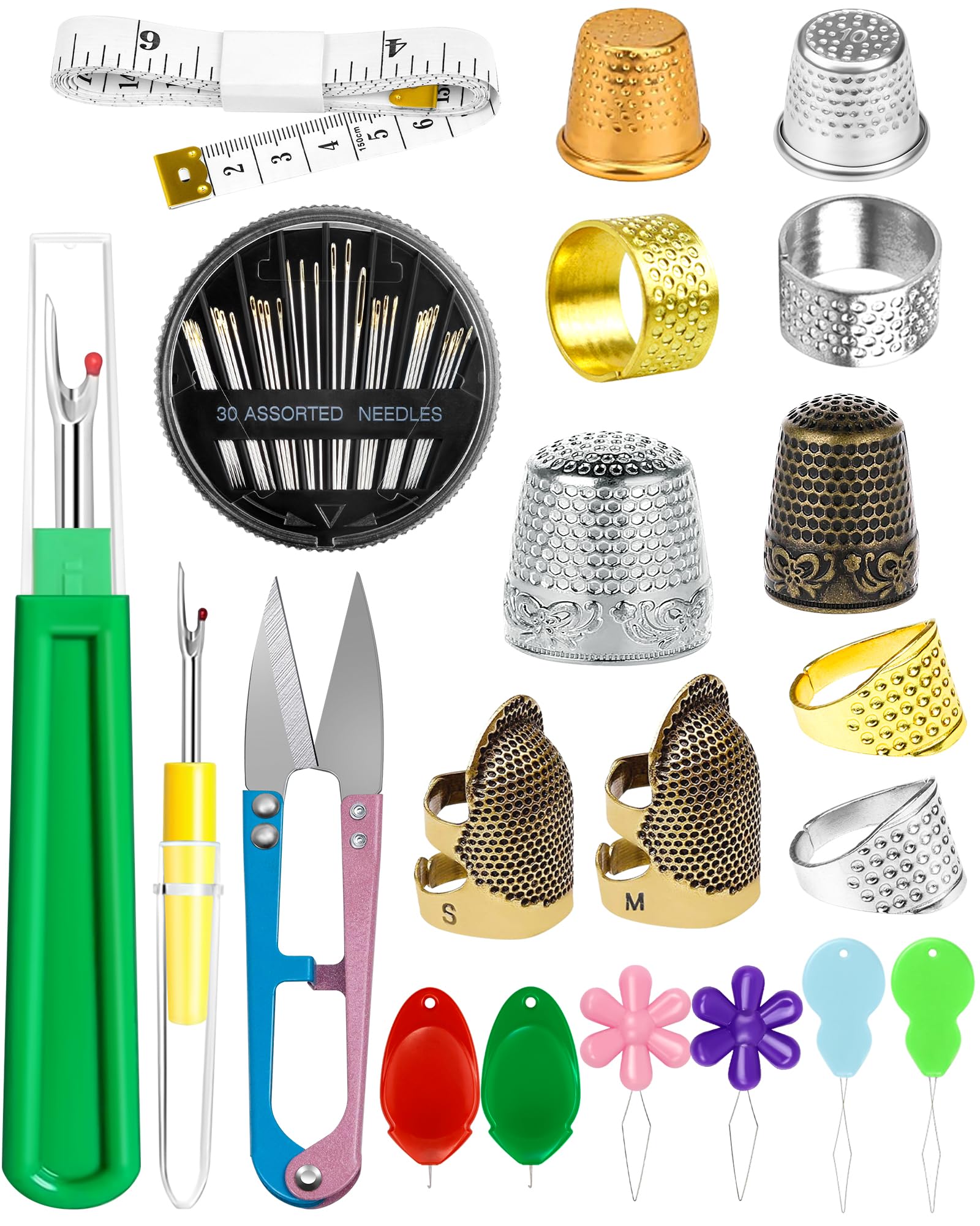 FIVEIZERO Kit de dedales: dedales de costura para coser a mano, protectores de dedos de metal, anillo de dedal para acolchado, incluye enhebrador de agujas, agujas de bordar, desgarrador de costuras,