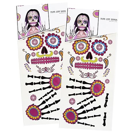 Vibrant Day of the Died Face & Skeleton Hand Tattoos 2-Pack - Large Floral Sugar Design Skull for Halloween, Día de los Muertos, Cosplay Costume for Adults and Kids (Skull-Flower)