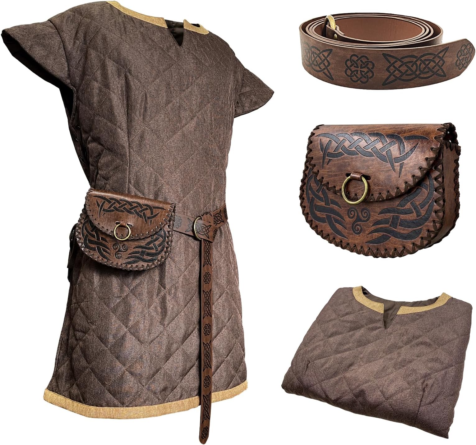 HiiFeuer Medieval Costume Tunic, with Vintage Belt and Bag, Mercenary Knight Body Cloth Armor, Renaissance LARP Cosplay Set