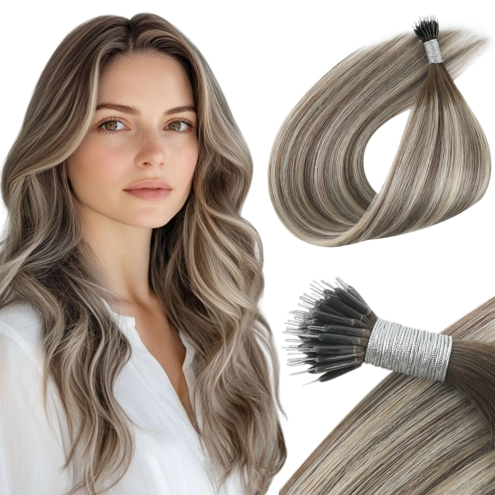 Yuniffe Nano Real Human Hair Rooted Brown Fading to Ash Brown Mixed with Medium Blonde Nano Ring Hair Extensions Remy Straight Nano Beads Natural Long 20 Inch 50g/50s