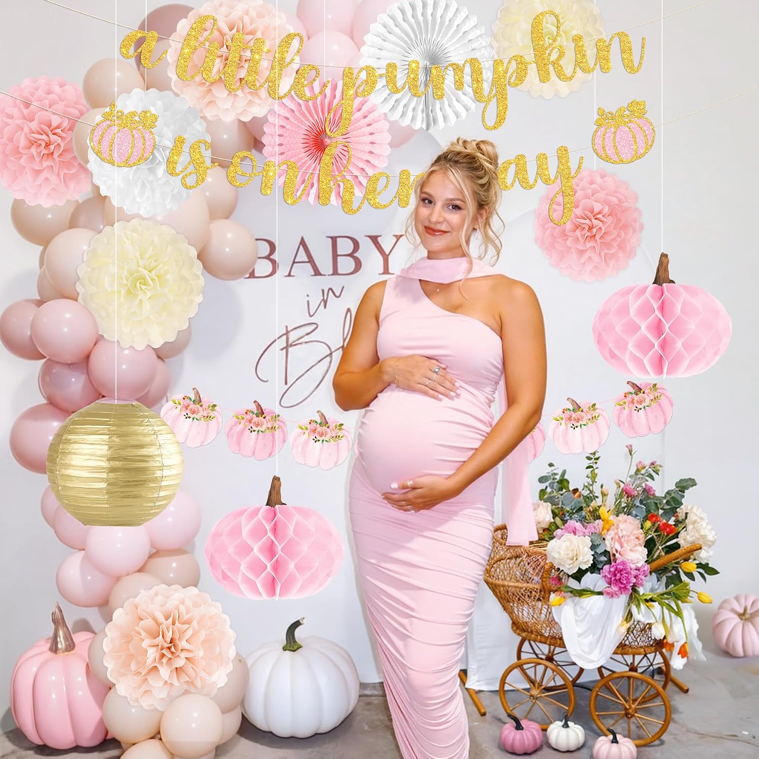 Kriyokiaa Little Pumpkin Baby Shower Decorations for Girl 15 Pcs Pink Fall Baby Shower Decorations with A Little Pumpkin is On Her Way Banner, Tissue Pom-Poms, Paper Lantern for It's a Girl Party
