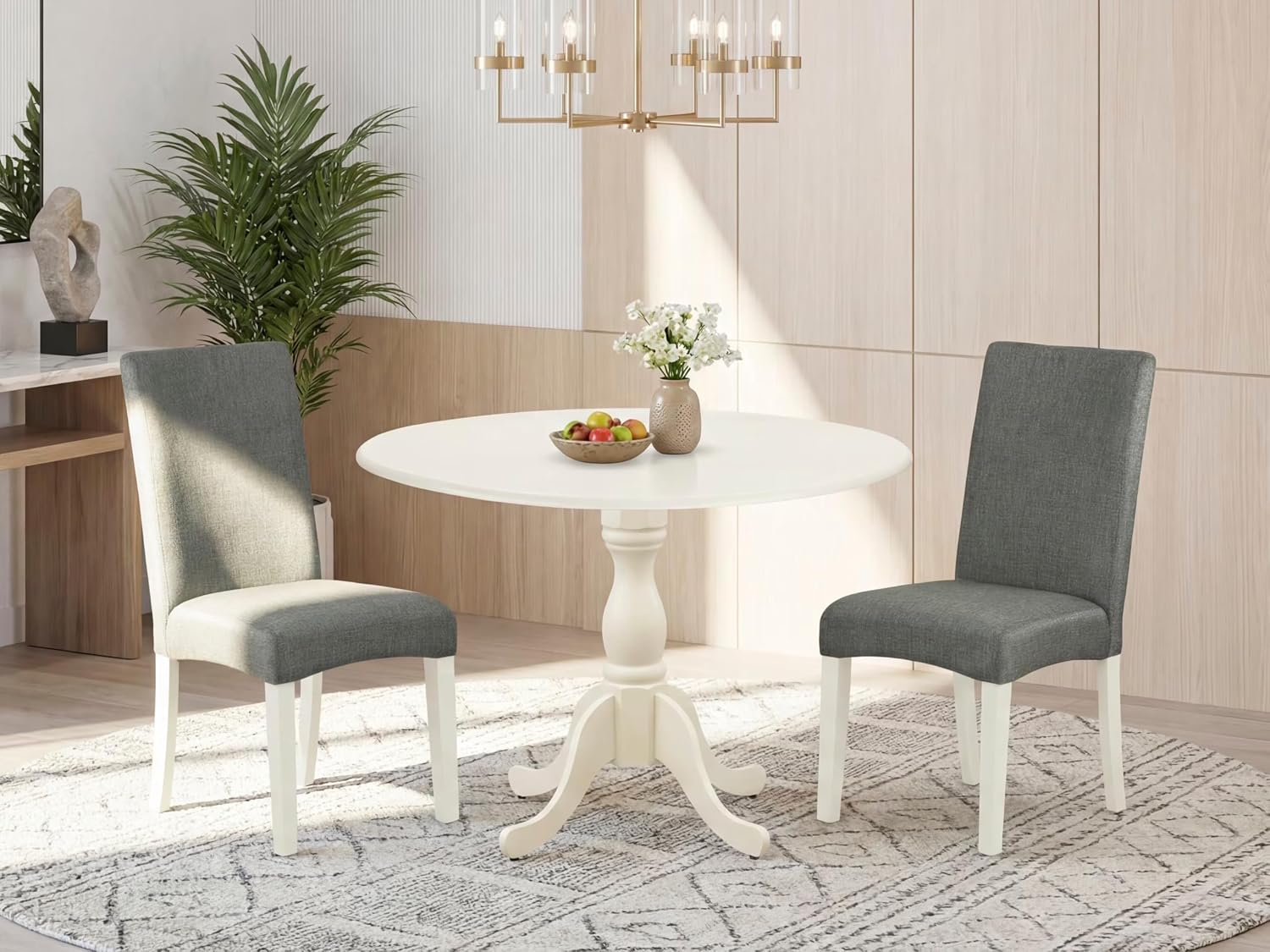 East West Furniture DMDR3-LWH-07 3 Piece Modern Dining Table Set Contains a Round Wooden Table with Dropleaf and 2 Gray Linen Fabric Parson Dining Chairs, 42x42 Inch, Linen White