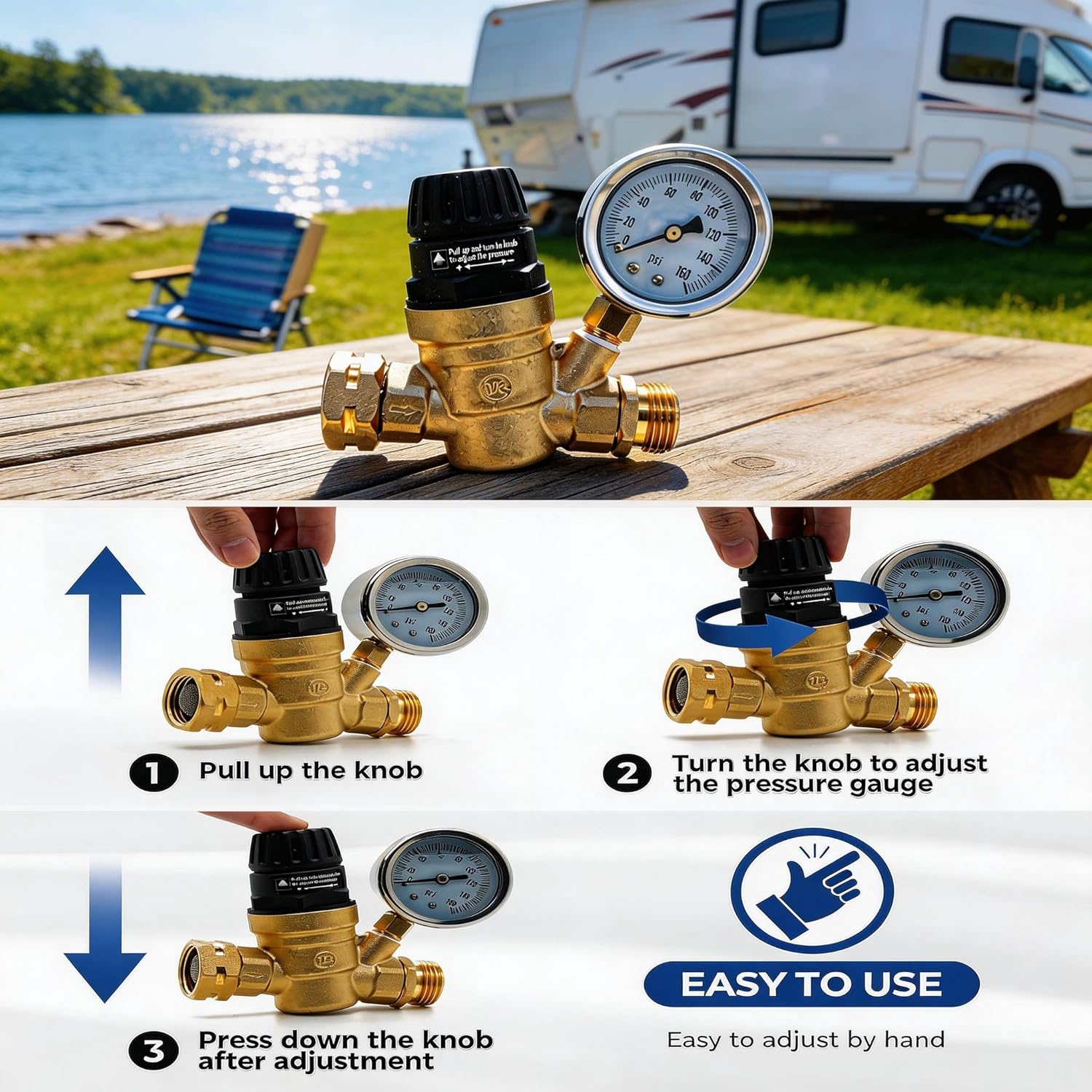 ‌VANCOCO Water Pressure Regulator Valve with Adjustable Tool-Free Handle, 3/4" NH Thread Pressure Regulator with Gauge 45-160 PSI for RV Camper Travel Trailer