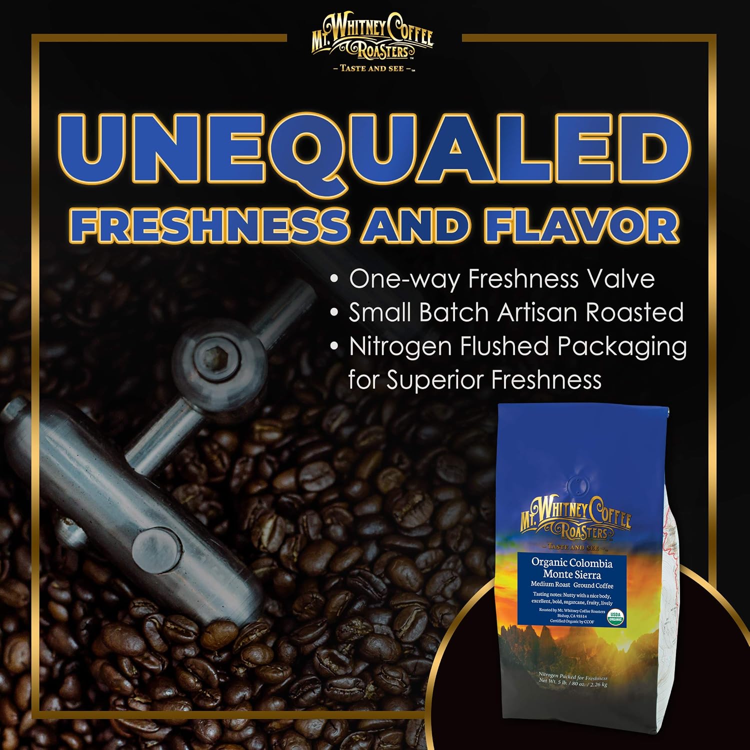 Mt. Whitney Colombia Monte Sierra Organic,Single origin, Medium Dark Roast, Smooth Full Flavored, low Acid Coffee (Ground, 5 Lb)