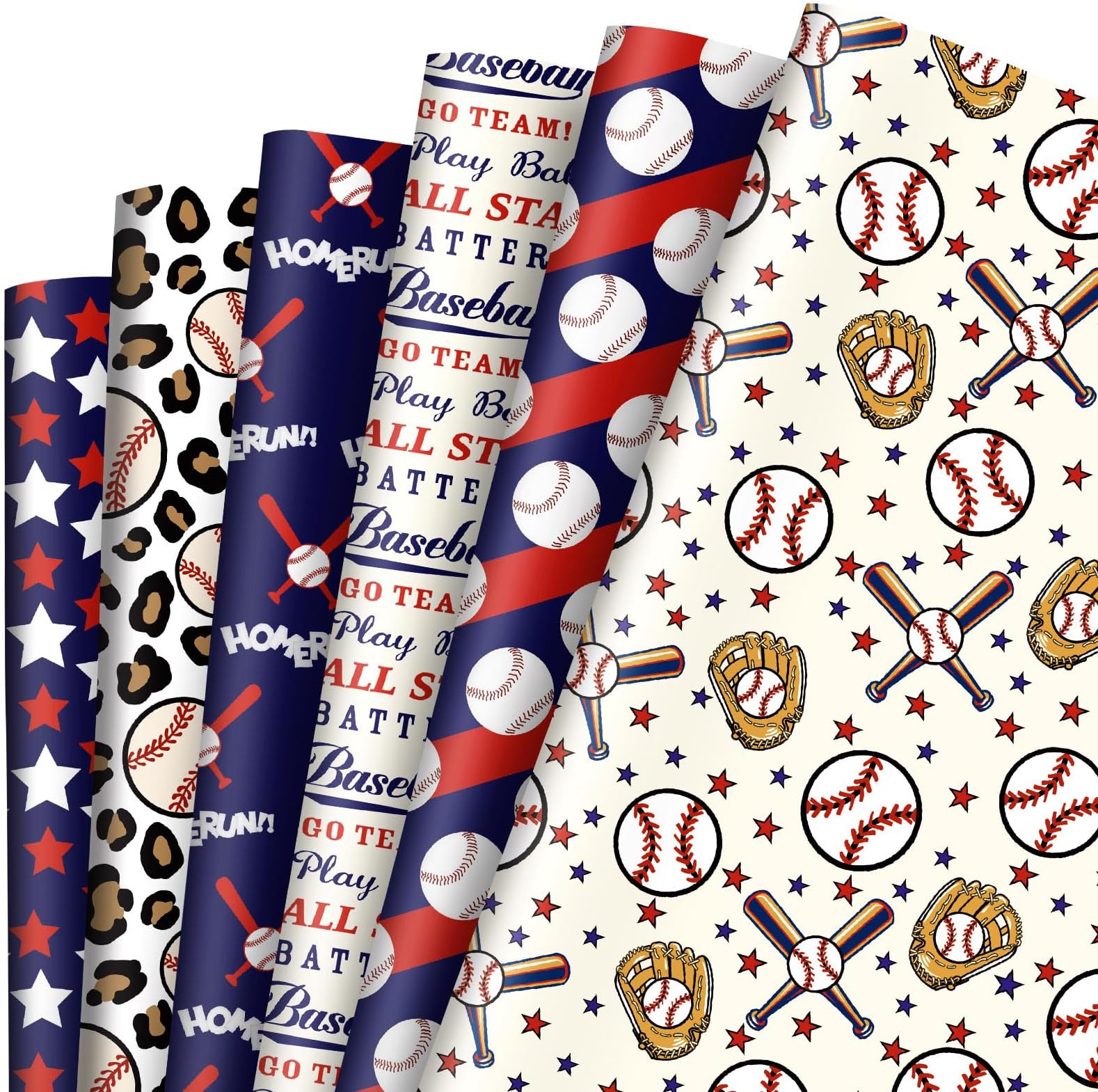 AnyDesign 12 Sheet Baseball Wrapping Paper Blue Red Sports Gift Wrap Paper Bulk Folded Flat Baseball Star Print Art Paper for Baseball Theme Birthday Party DIY Crafts Gift Wrapping, 19.7 x 27.6 Inch
