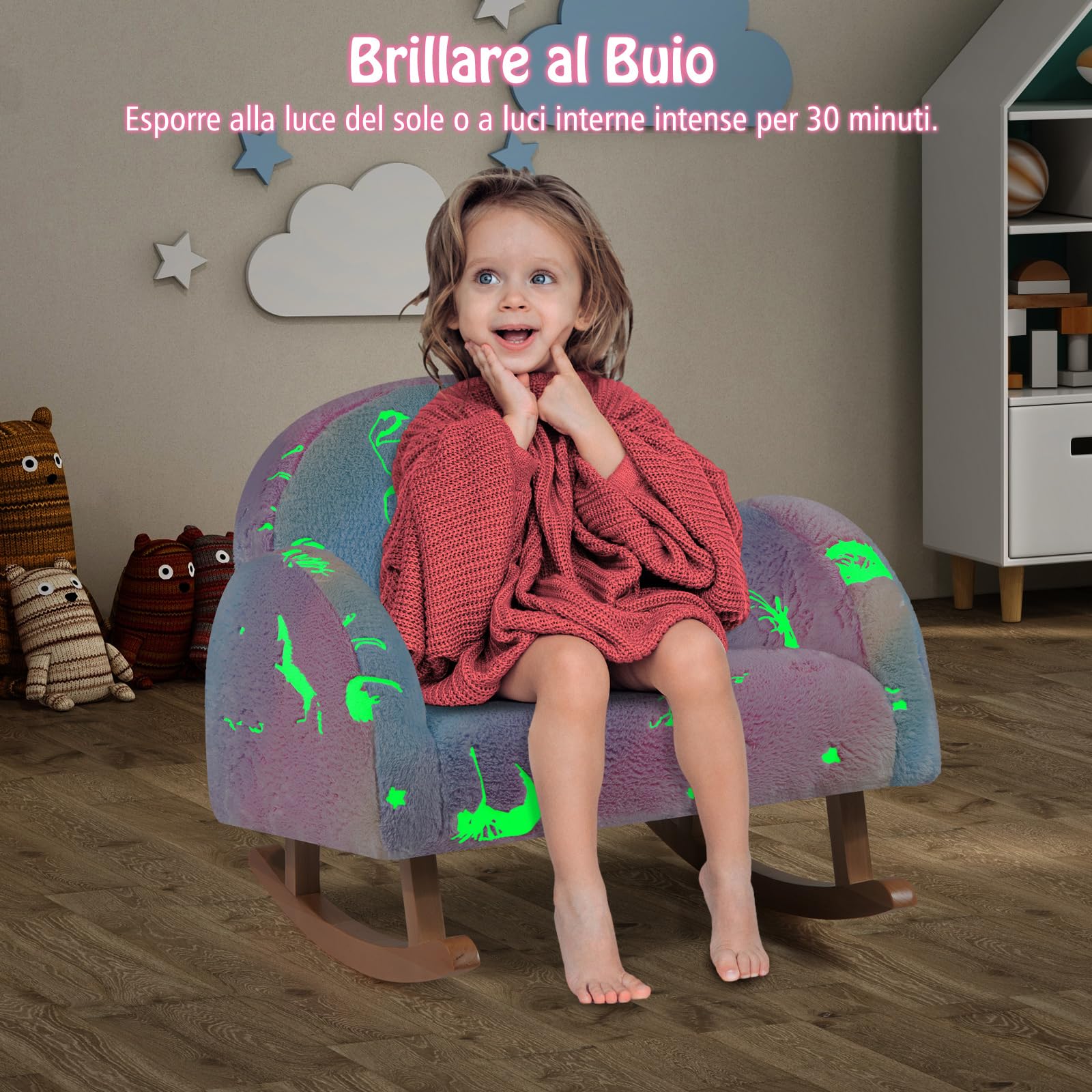COSTWAY Sedia Dondolo per Bambini da 3 a 5 Anni, Poltrona in Flanella con Gambe in legno, Motivi che si Illuminano al Buio, per Cameretta e Soggiorno, 50 x 48 x 46 cm