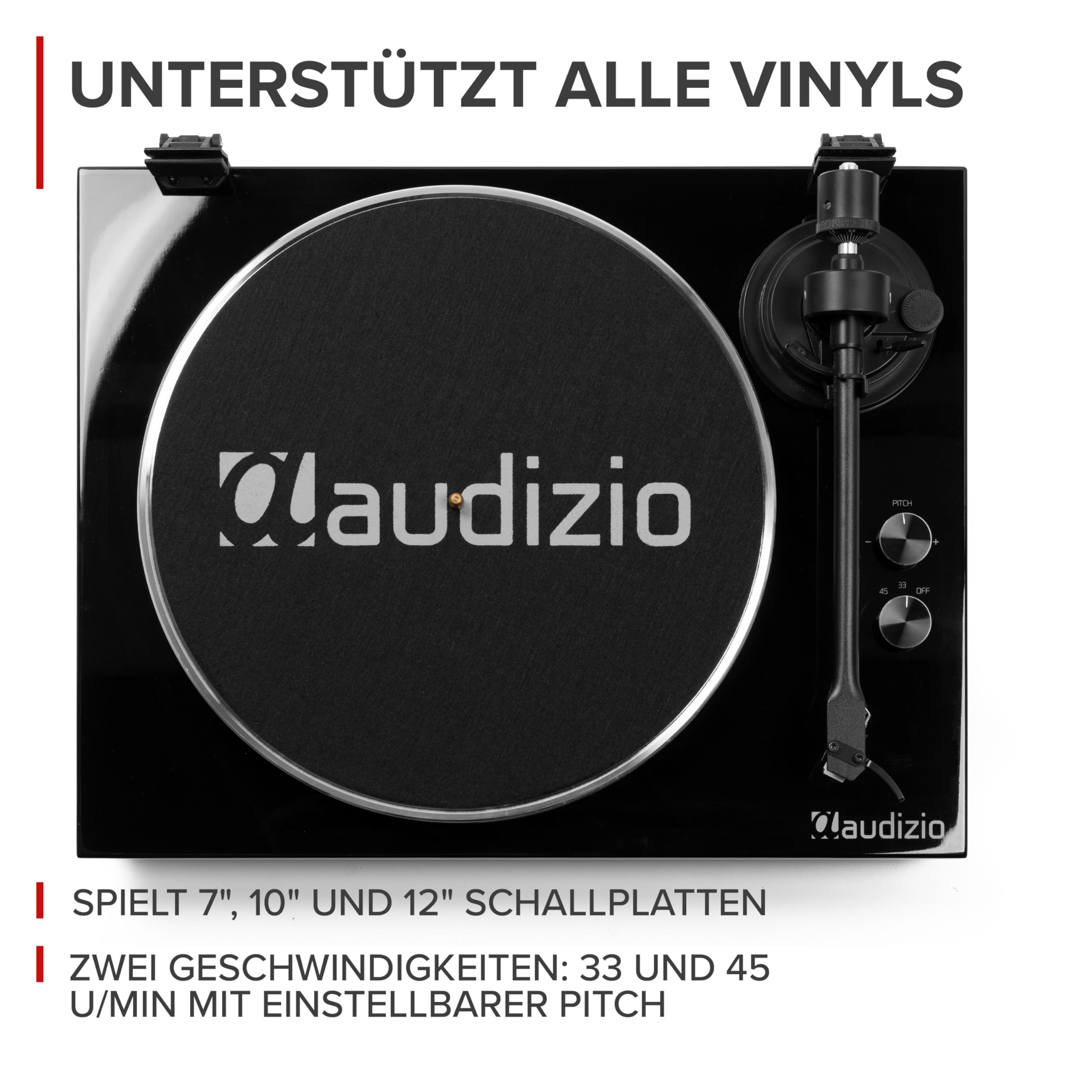 Audizio Toledo Plattenspieler Bluetooth Schallplattenspieler 33/45 RCA | Tonabnehmer, Vorverstärker, Riemenantrieb, Aluminium-Tonarm, Anti-Skating, Vinyl Player, Record Player, Turntable, Gramofon