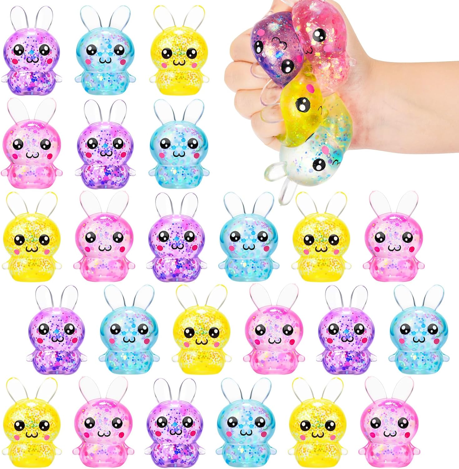 24 Pcs Easter Bunny Squeeze Stress Balls Built-in Sequins Glitter Basket Stuffers Slow Rising Bunny Balls Stress Relief Fidget for Easter Party Favor Birthday Rabbits Gift