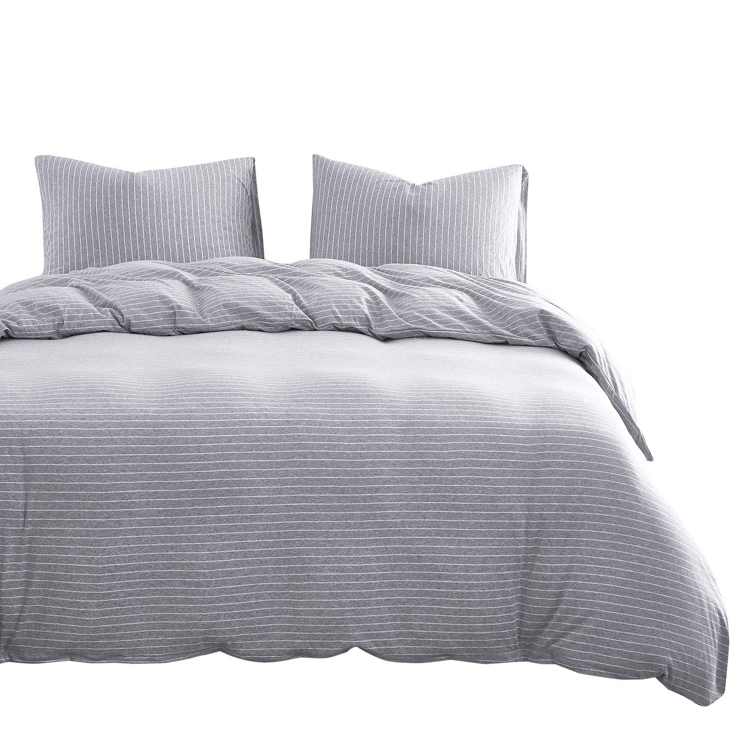 Wake In Cloud - Jersey Cotton Duvet Cover Set, White Pin Striped Stripes on Gray Grey, Comfy Soft Bedding with Zipper Closure (3pcs, Queen Size)