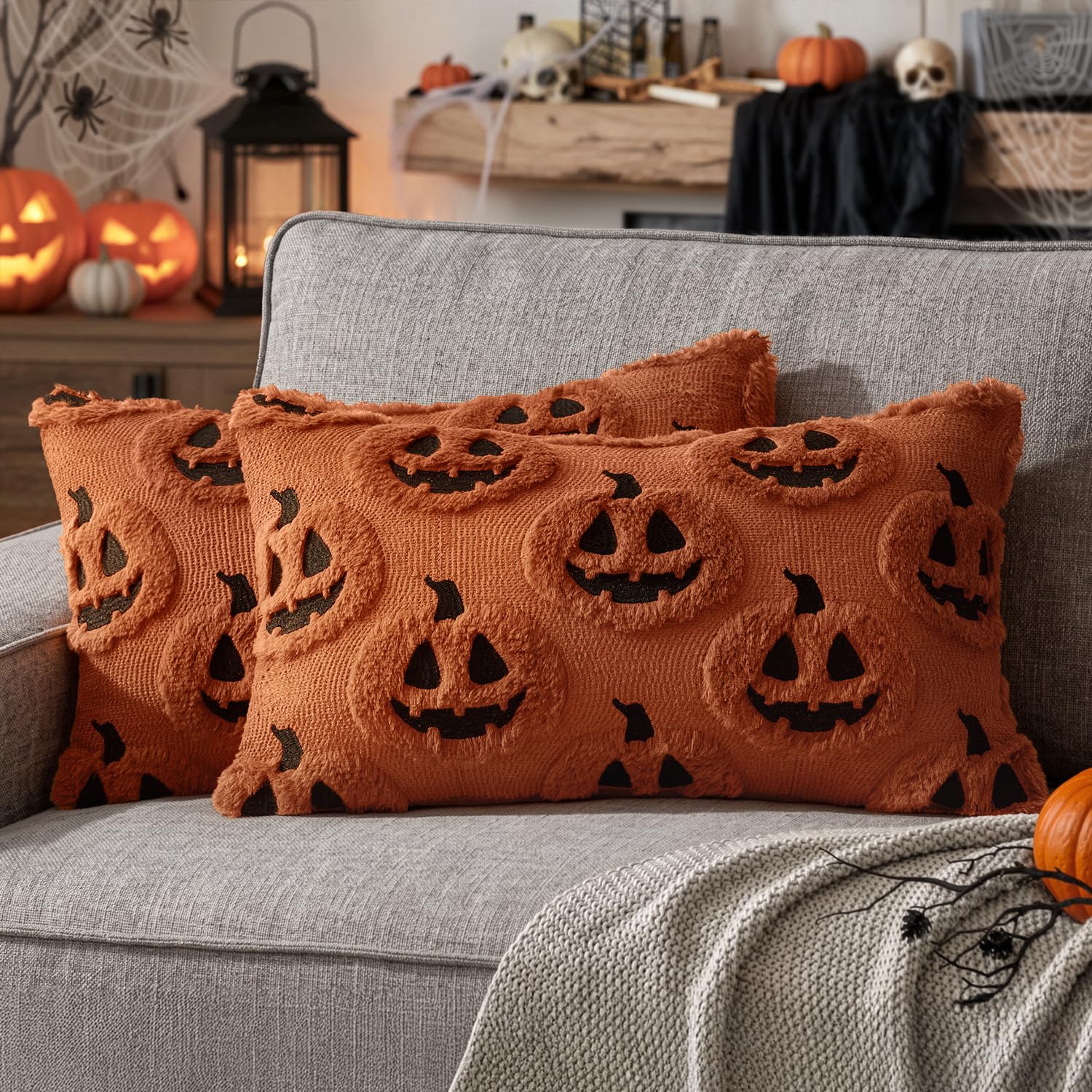 MIULEE Halloween Cushion Covers Sofa 30 x 50 cm Decorative Cushion Covers Scary Pumpkin Black Caramel Polyester for Sofa Bed Chair Set of Cushion Covers for Festival Horror Atmosphere