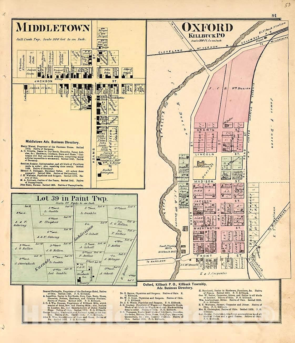 Historic 1875 Wall Map - Caldwell's Atlas of Holmes Co, Ohio - Middleton - Oxford - Lot 39 in Paint Twp. - Caldwell's Atlas of Holmes County, Ohio 24in x 30in