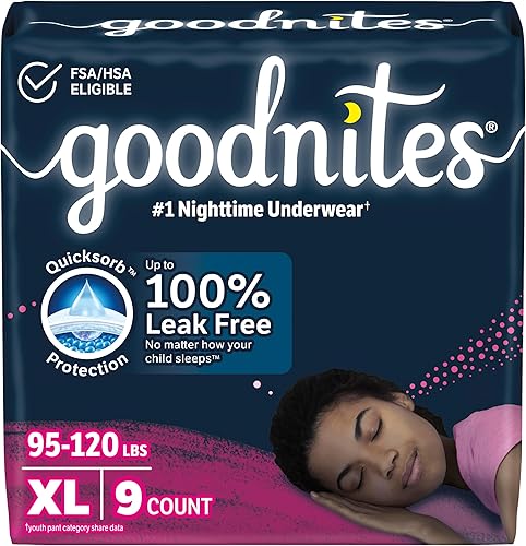 Goodnites Ropa interior nocturna para niñas, talla extra grande (95-120 libras), 9 unidades, el embalaje puede variar