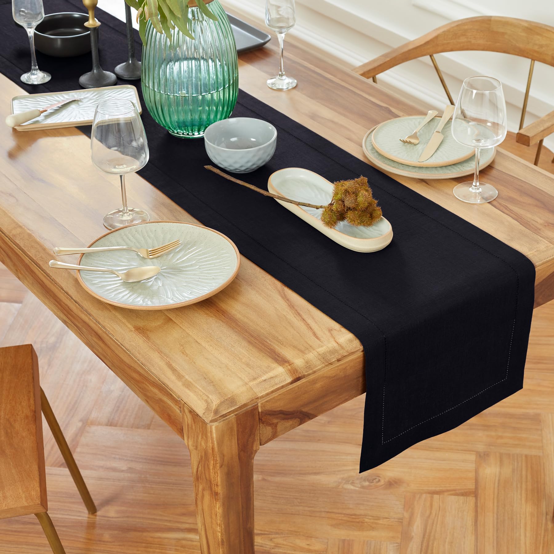 Solino Home Camino de mesa de lino negro de 72 pulgadas de largo, 100 % lino puro, peso medio, vainica, 35.5 x 183.8 cm, para cómoda, comedor y primavera, verano