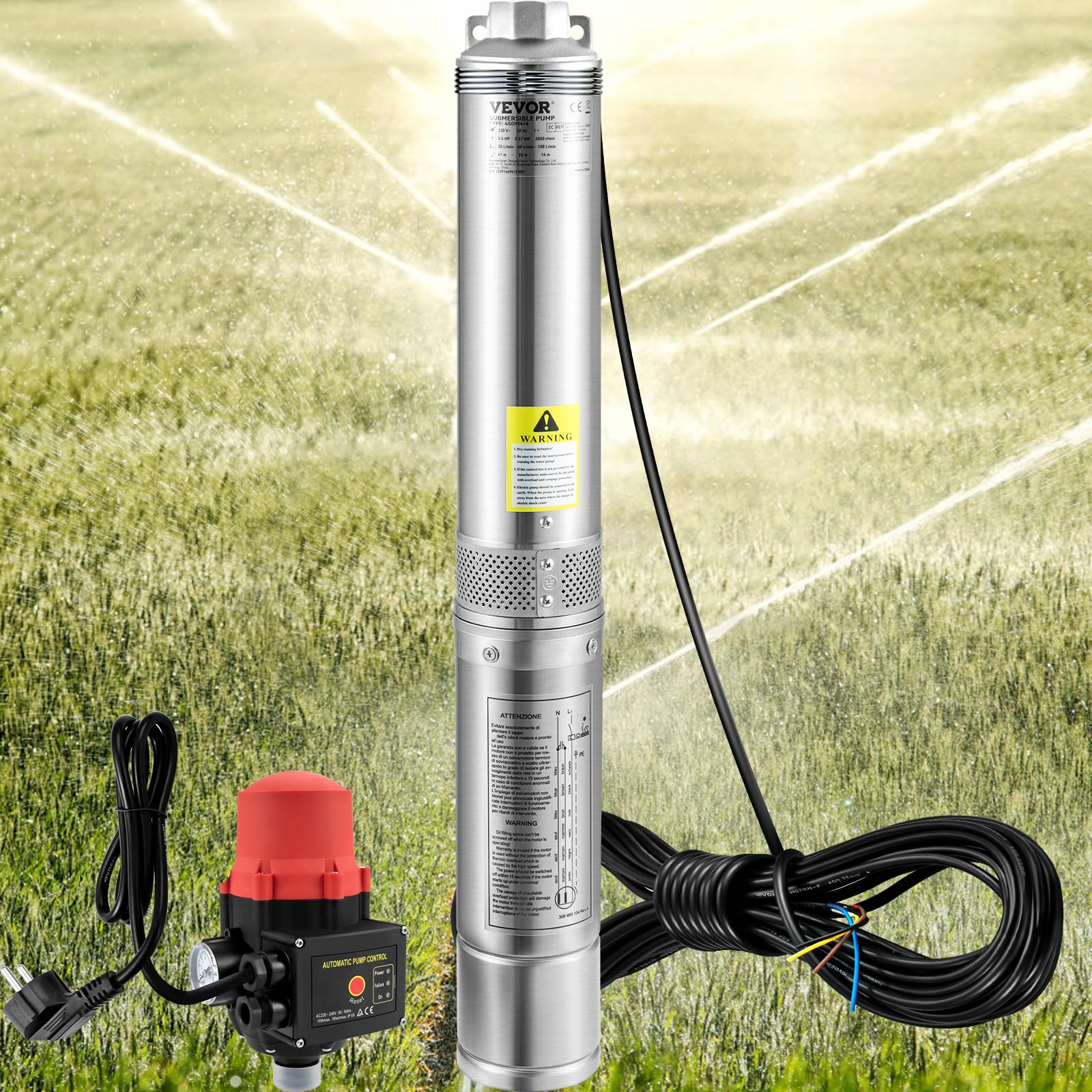 VEVOR 3'' Tiefbrunnenpumpe 550W Brunnenpumpe Max. Durchfluss 50L/min Tauchpumpe Förderhöhe 89m Tauchwasserpumpe Sandbeständig <5% Drehzahl 2850U/min Süßwasserversorgung Bewässern Entwässerung, Silber