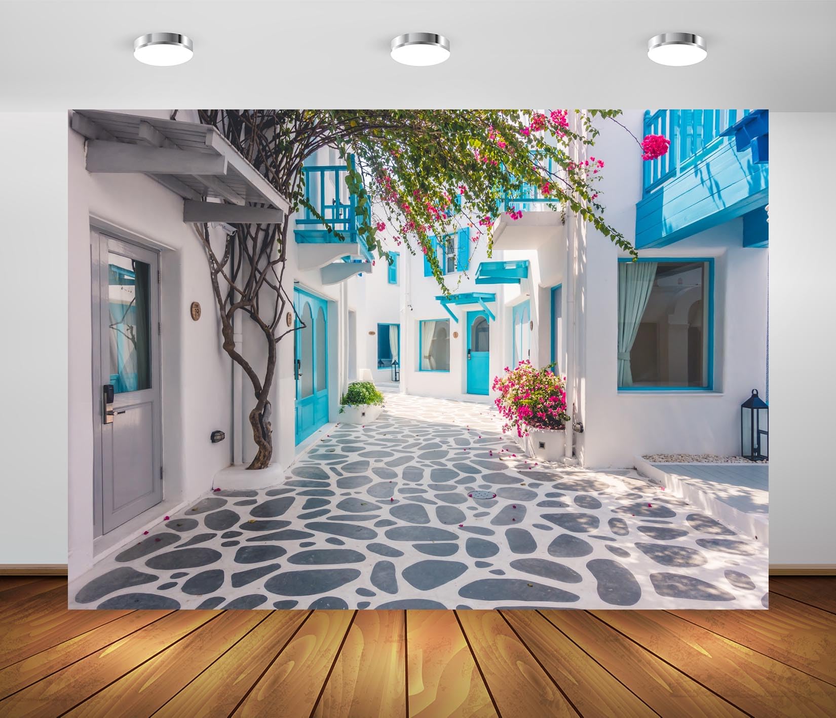 BELECO 4.6x2.5m Fotohintergrund Stoff Griechische Straße Santorini Insel Weiße Gebäude Romantische Blühende Blumen Hintergrund Griechische Party Dekoration Geburt Hochzeit Fotografie Zubehör