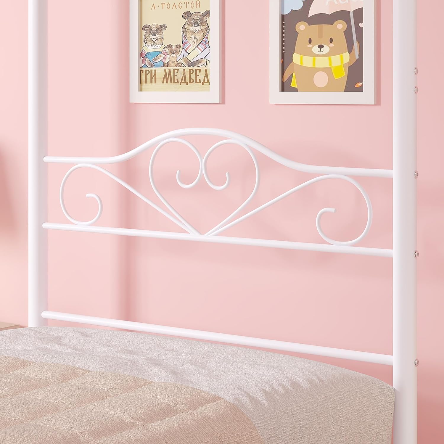 VECELO Twin Canopy Bed Frame with Headboard and Footboard, Metal Four Posters Design, Mattress Foundation Platform with Steel Slats Support, Underbed Storage Space, No Box Spring Needed, White
