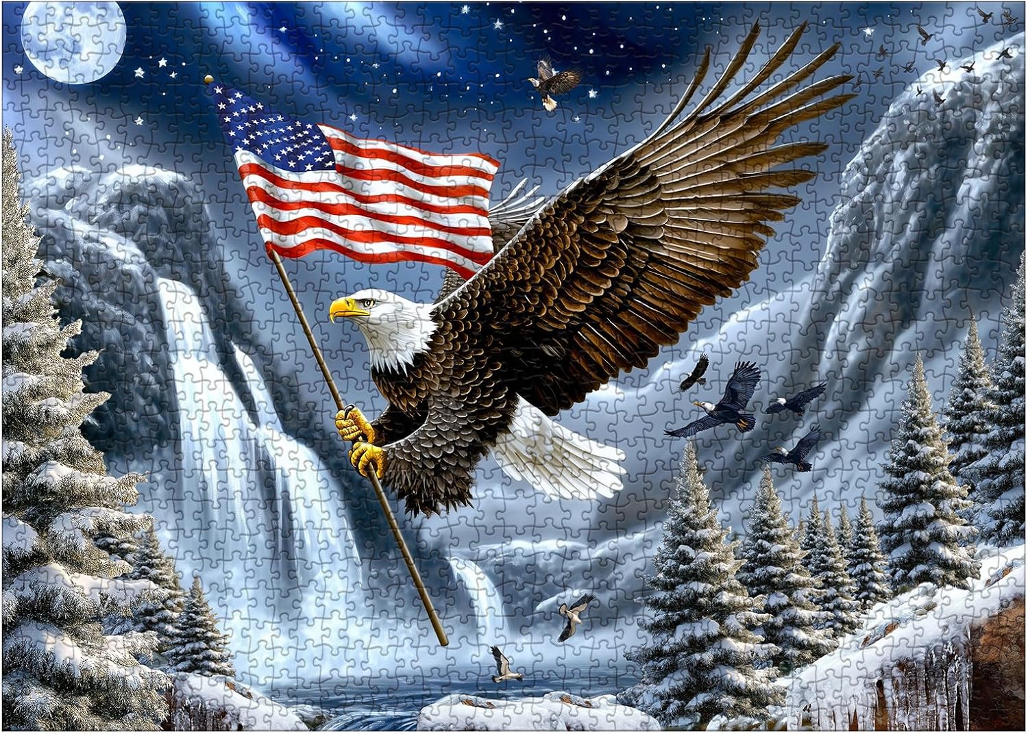 United States Flag Eagle Puzzle 1000 Piece for Adults, Winter Snow Mountain Landscape Jigsaw Puzzle, Americana Waterfall Starry Sky Nature Animal Puzzles