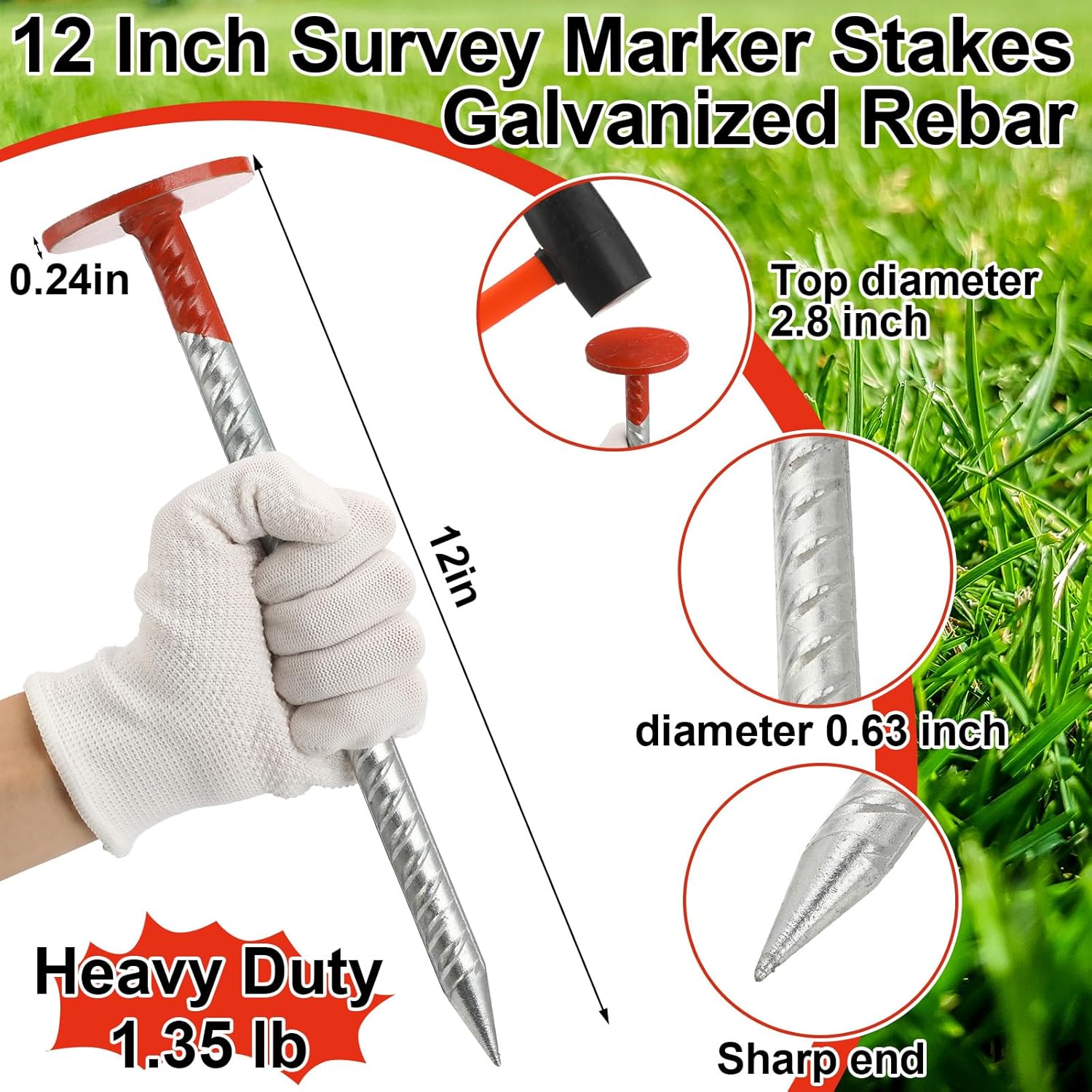 8 Pack 12 Inch Survey Marker Stakes Galvanized Rebar 1.35 lb Heavy Duty Hi Vis Property Line Marker Post for Paver Garden Lawn Landscape Edging Weed Barriers (Orange)