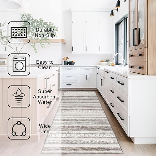 Miniatura 5 de Juego de 2 alfombras de cocina estilo marroquí, bohemio, retro, 47 x 17 pulgadas, de lino, lavables, tapete antideslizante para decoración de