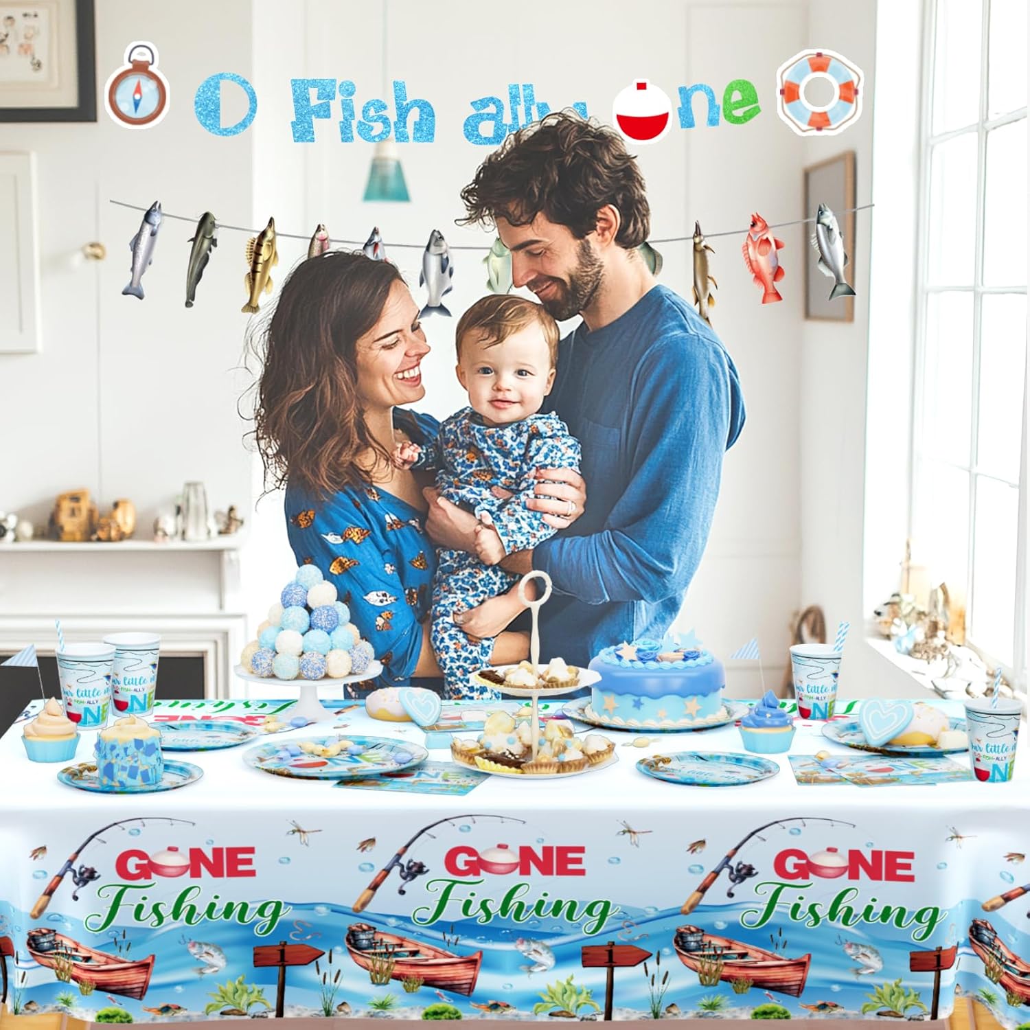 Ofishally One Birthday Decorations, 196 PCs - Gone Fishing 1st Birthday Party Supplies, Fish Banner Tablecloth Tableware with Plates Napkins Cups Cutlery for O Fishally One First Supplies - Image 4