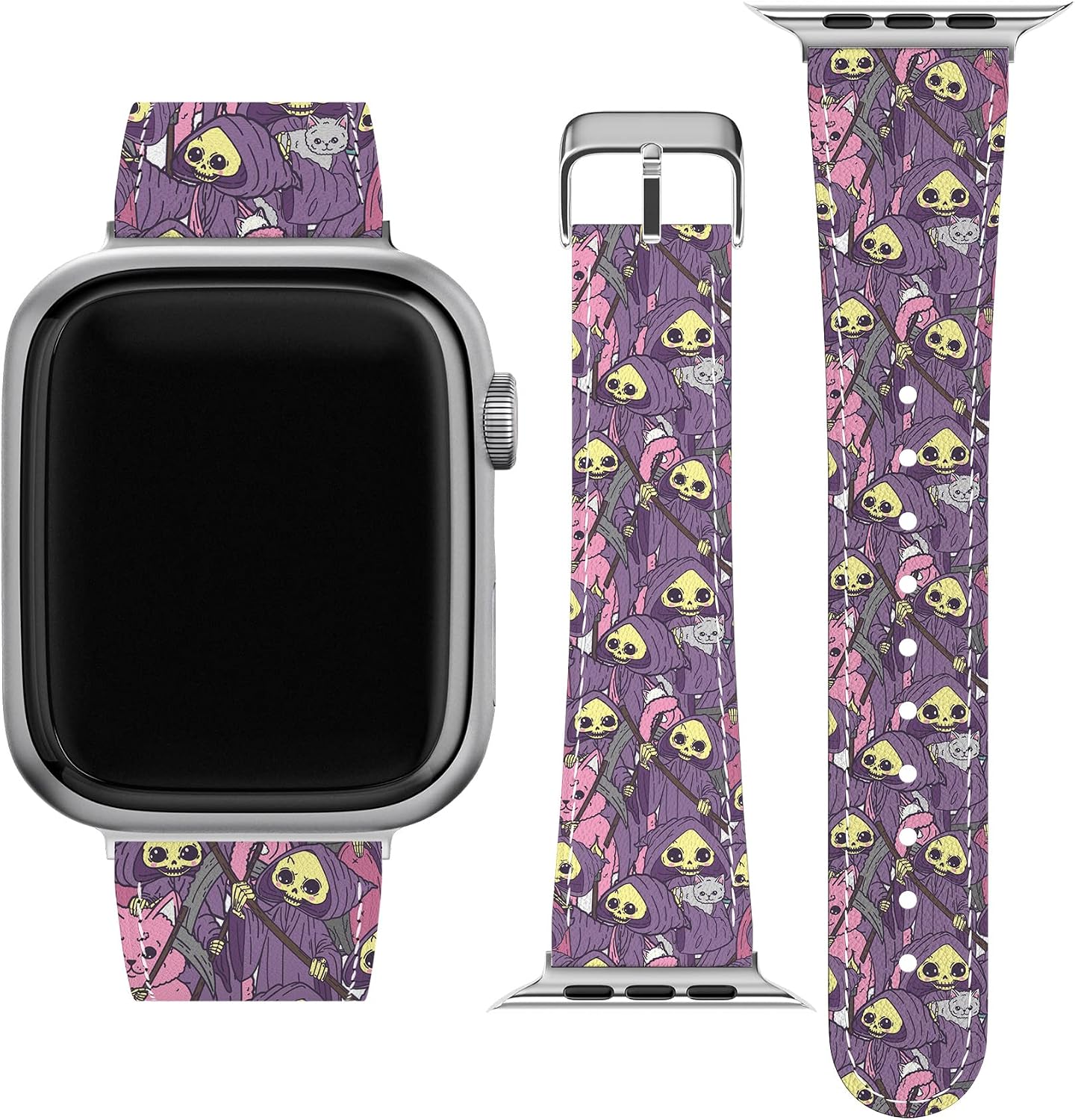 Wrist Band Compatible for Apple Watch Series 7/6/5/4/3/2/1/SE & Matching Phone Case Print Funny Grim Reaper PU Leather Replacement Strap 38-40-42-44 mm Cats Death Bracelet Cool Cute