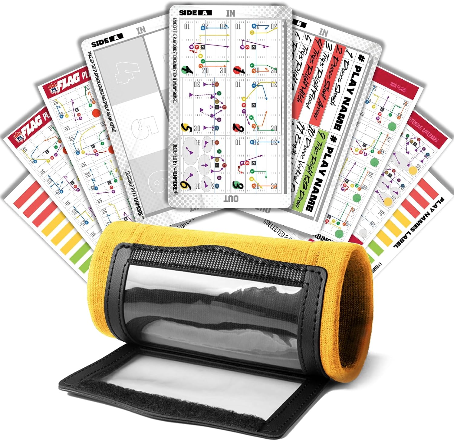 1NMORE 5v5, 7v7 Football Wristbands with Playbook System, Quarterback Wrist Coach for Youth, Flag Football Wrist Bands with Plays Stickers & PVC Cards