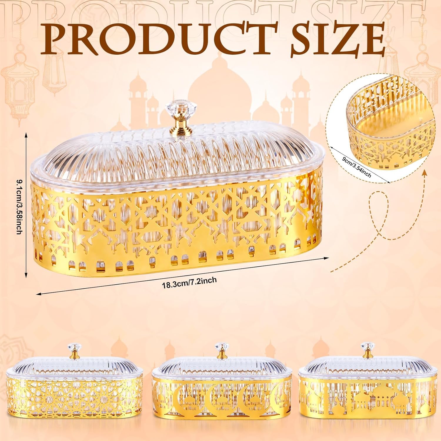 3 Pcs Ramadan Dates Holder Golden Vintage Platter Metal Eid Al-fitr Dessert Plate Serving Dish Trays with Lid Acrylic Clear Dome Lid Embossed Patterns for Ramadan Party Table Decoration Rectangle