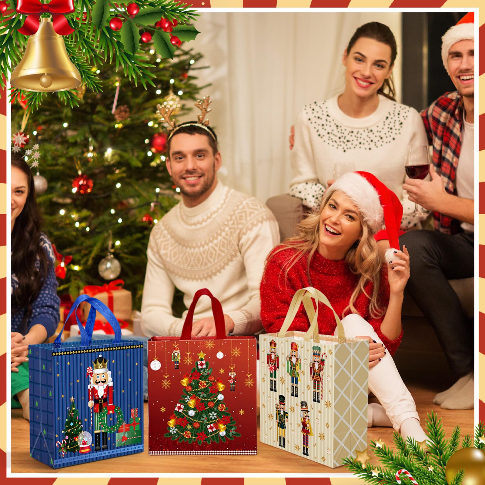 Wesnoy Weihnachtliche Nussknacker-Tragetaschen, Geschenktüten, Großpackung, Weihnachten, Vlies, wiederverwendbar, mit Griffen, für Urlaub, Weihnachten, Party, Neujahr, Einkaufen, 29 x 27 x 12 cm, 48