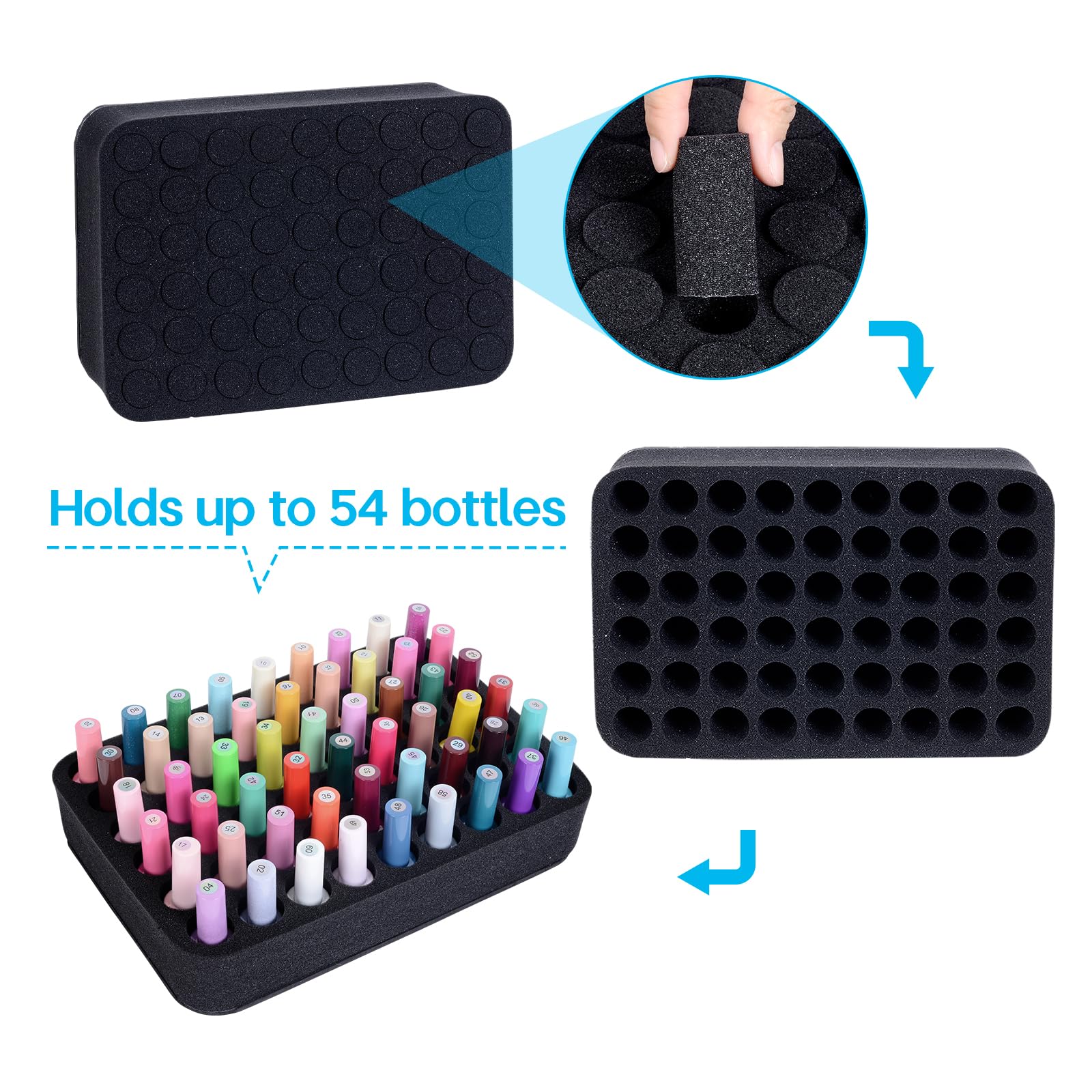 Soporte organizador de esmalte de uñas de espuma con ranuras para almacenamiento, 54 botellas (15 ml), bandeja de esmalte de uñas o aceite esencial para cajones, color negro