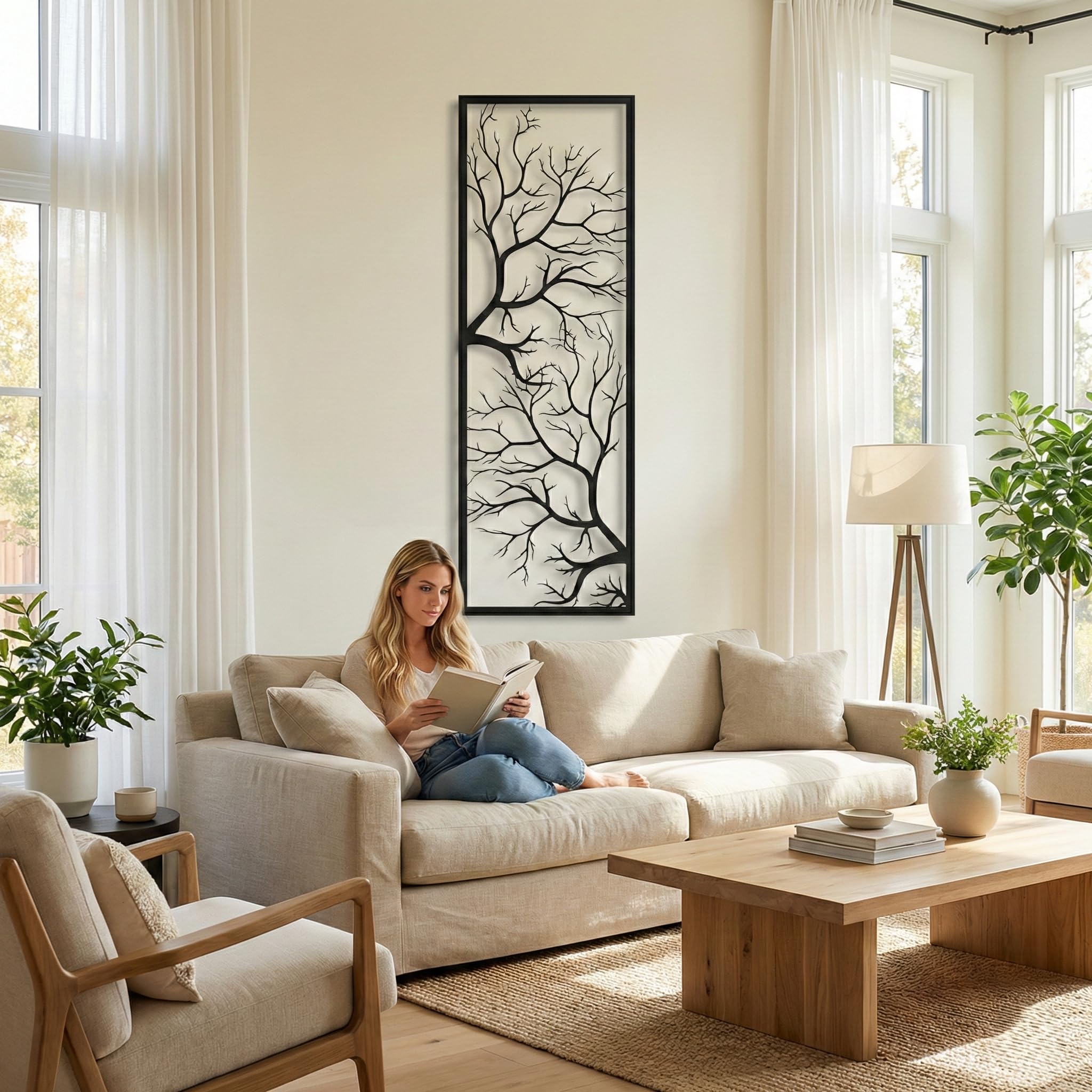 DEKADRON - Décoration murale en métal motif branches d’arbre Art déco 14"W x 40"H / 34x100 cm noir
