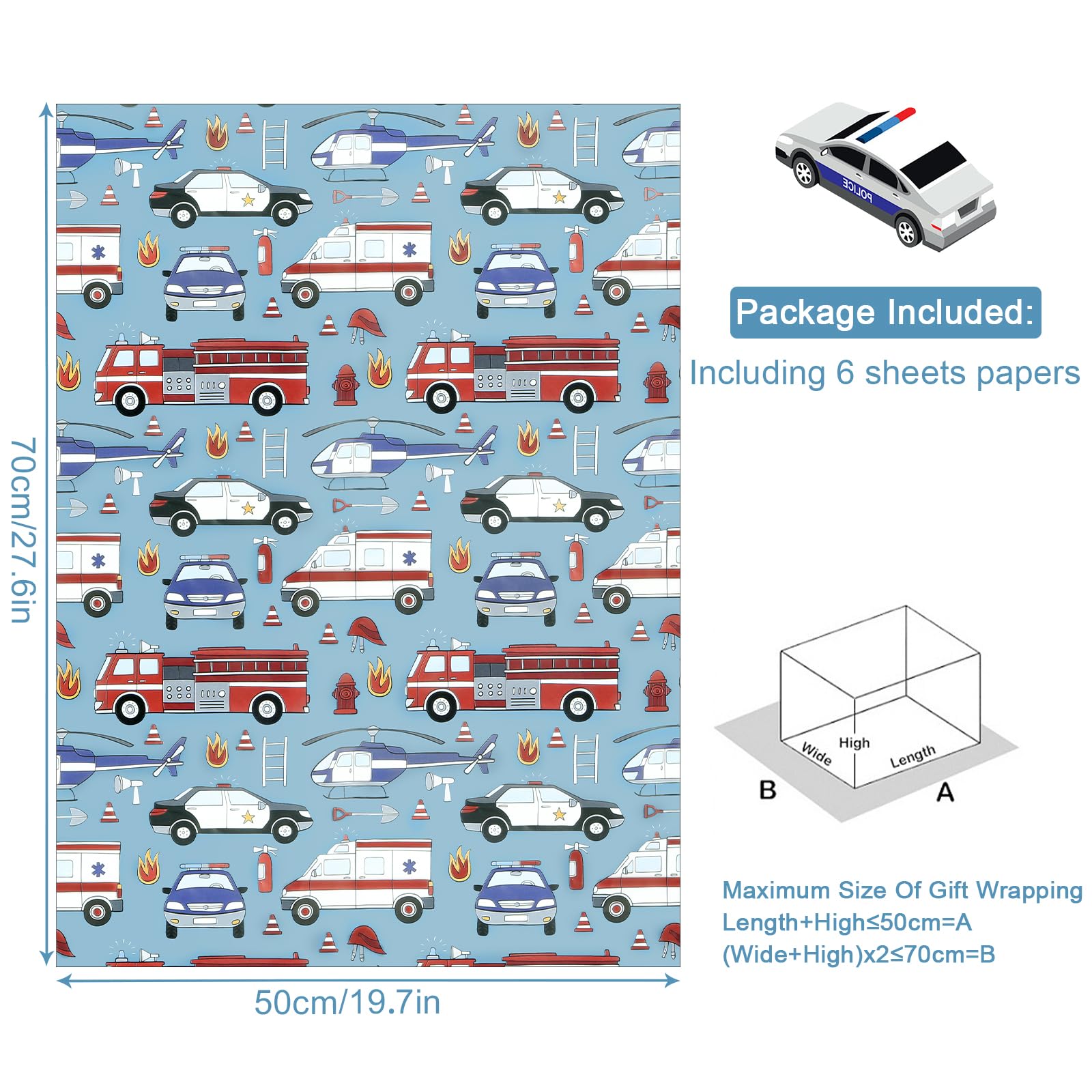 Lot De 6 Feuilles De Papier Cadeau Motif Camions De Pompiers Rouges Et Voitures De Police Sur Fond Bleu Pour Enfants, Garçons Et Hommes, Motif Voiture, 50,8 X 76,2 Cm Par Feuille