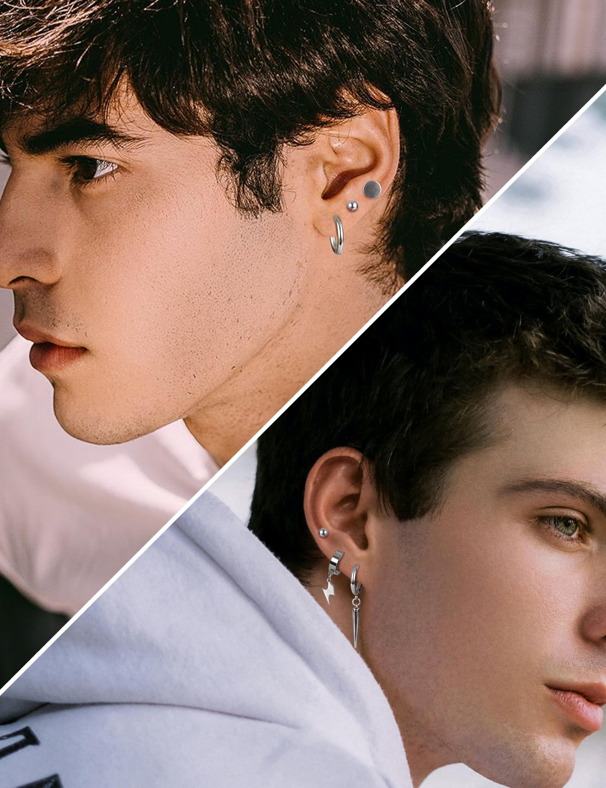 JeryWe 22 Pares aretes colgantes para hombre acero inoxidable, con bisagras, cadena larga, aretes colgantes de cruz, juego de aretes Kpop para hombre, Acero inoxidable（Plata）